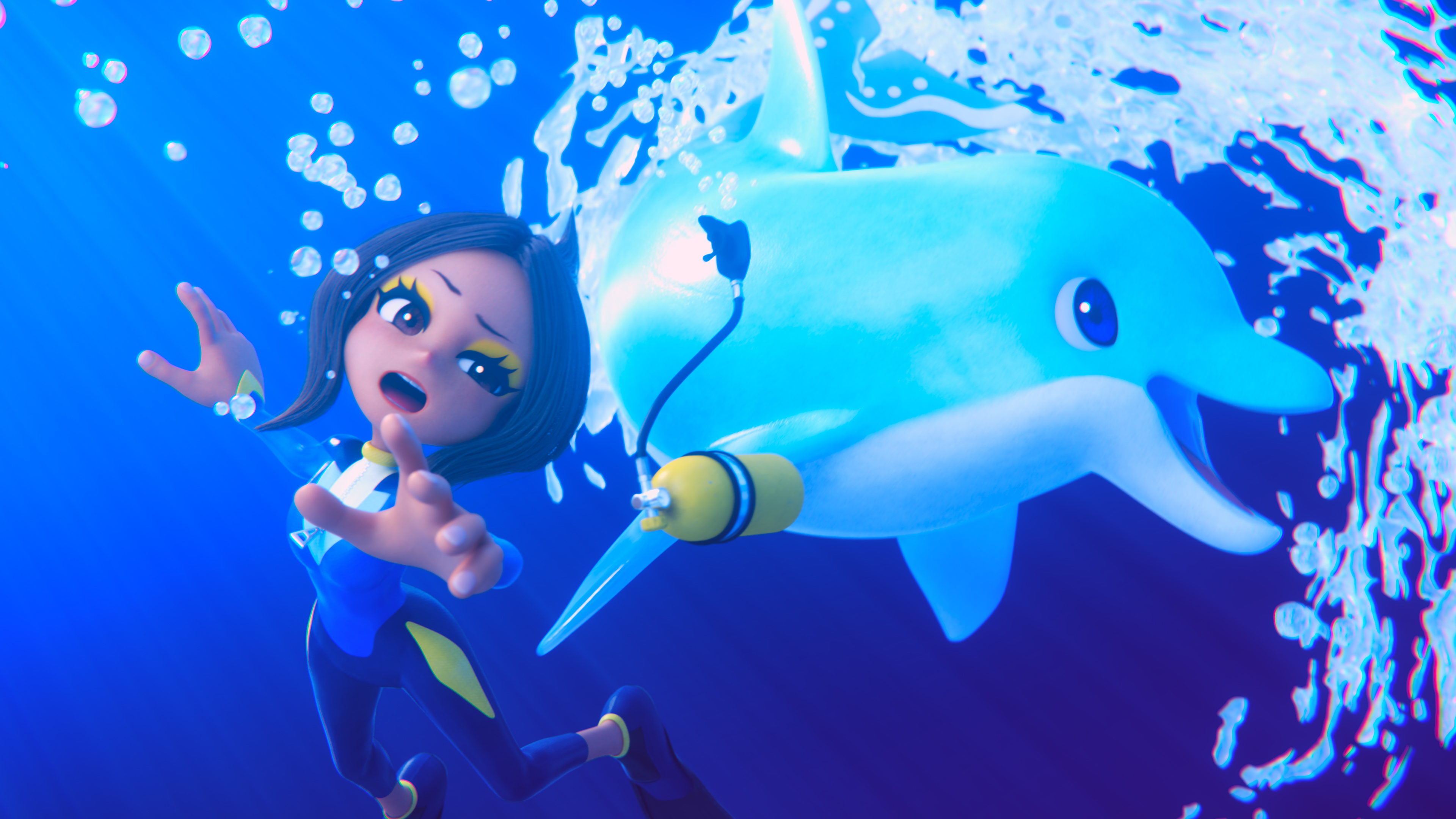 Girl and dolphin underwater in Balan Wonderworld 4K HD Wallpaper