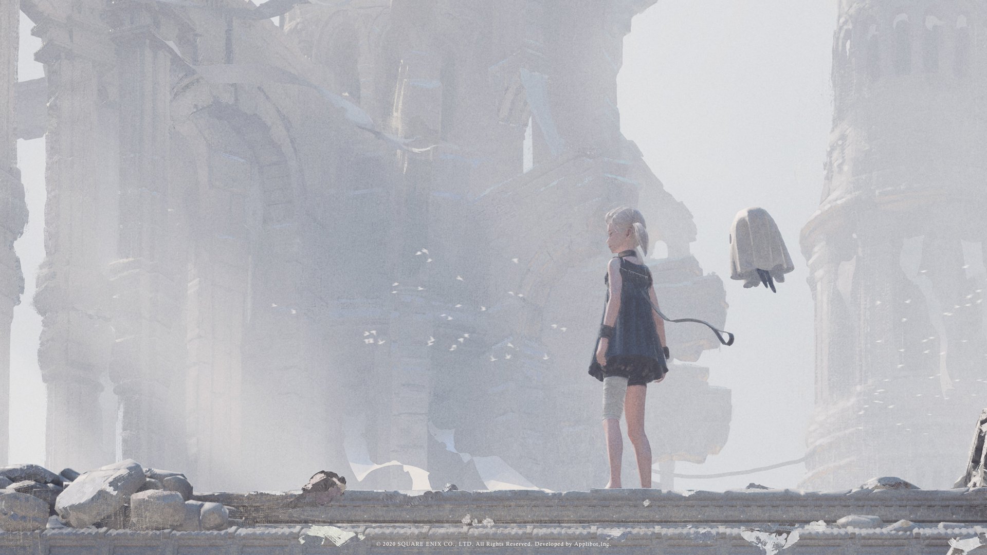 Girl and companion in ruins from NieR Re[in]carnation HD Wallpaper