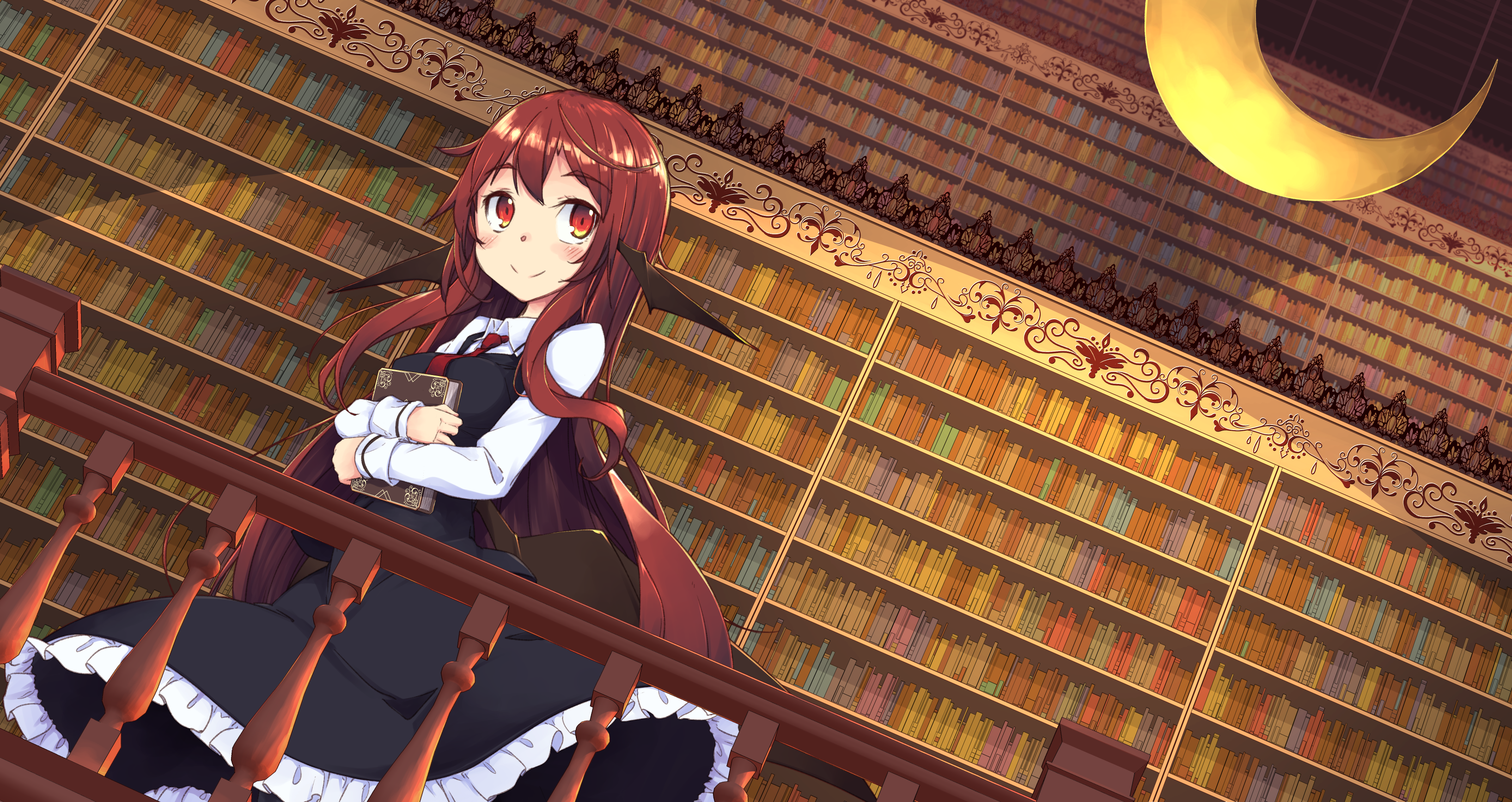 Koakuma from Touhou holding a book in a library HD Wallpaper