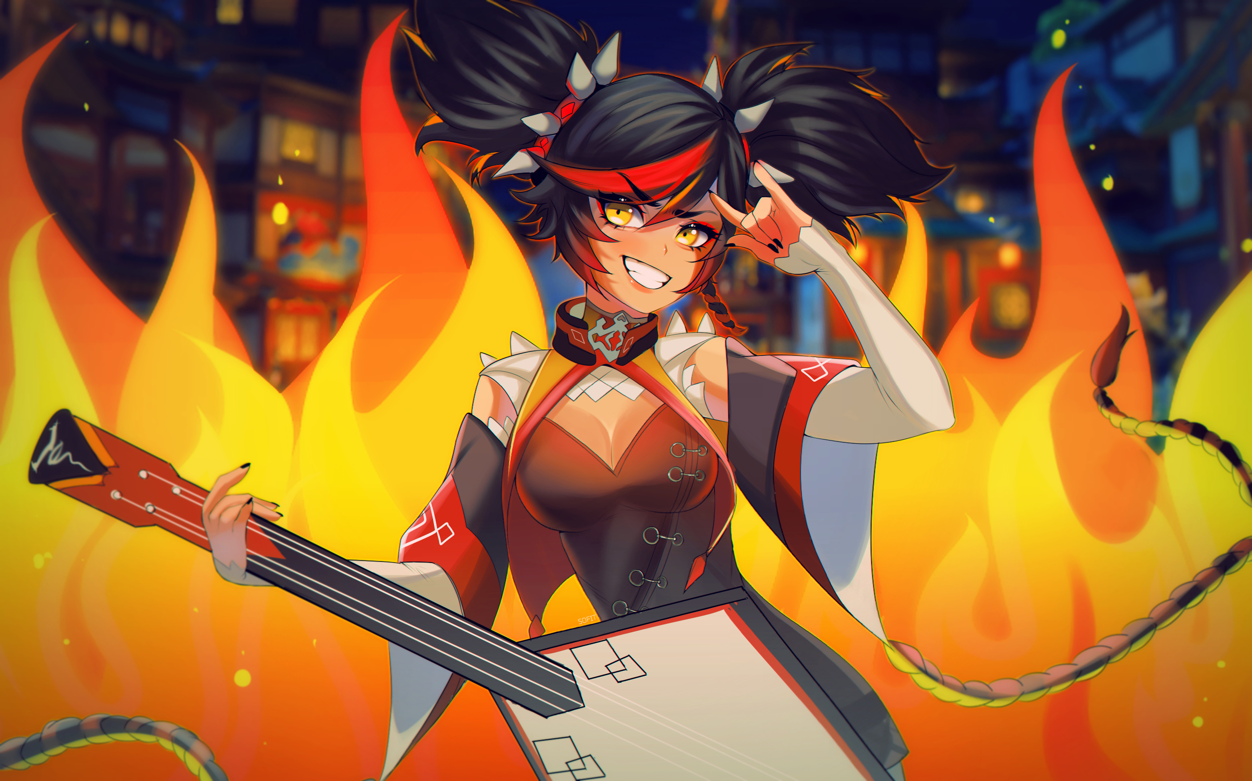 Xinyan from Genshin Impact with a guitar HD Wallpaper