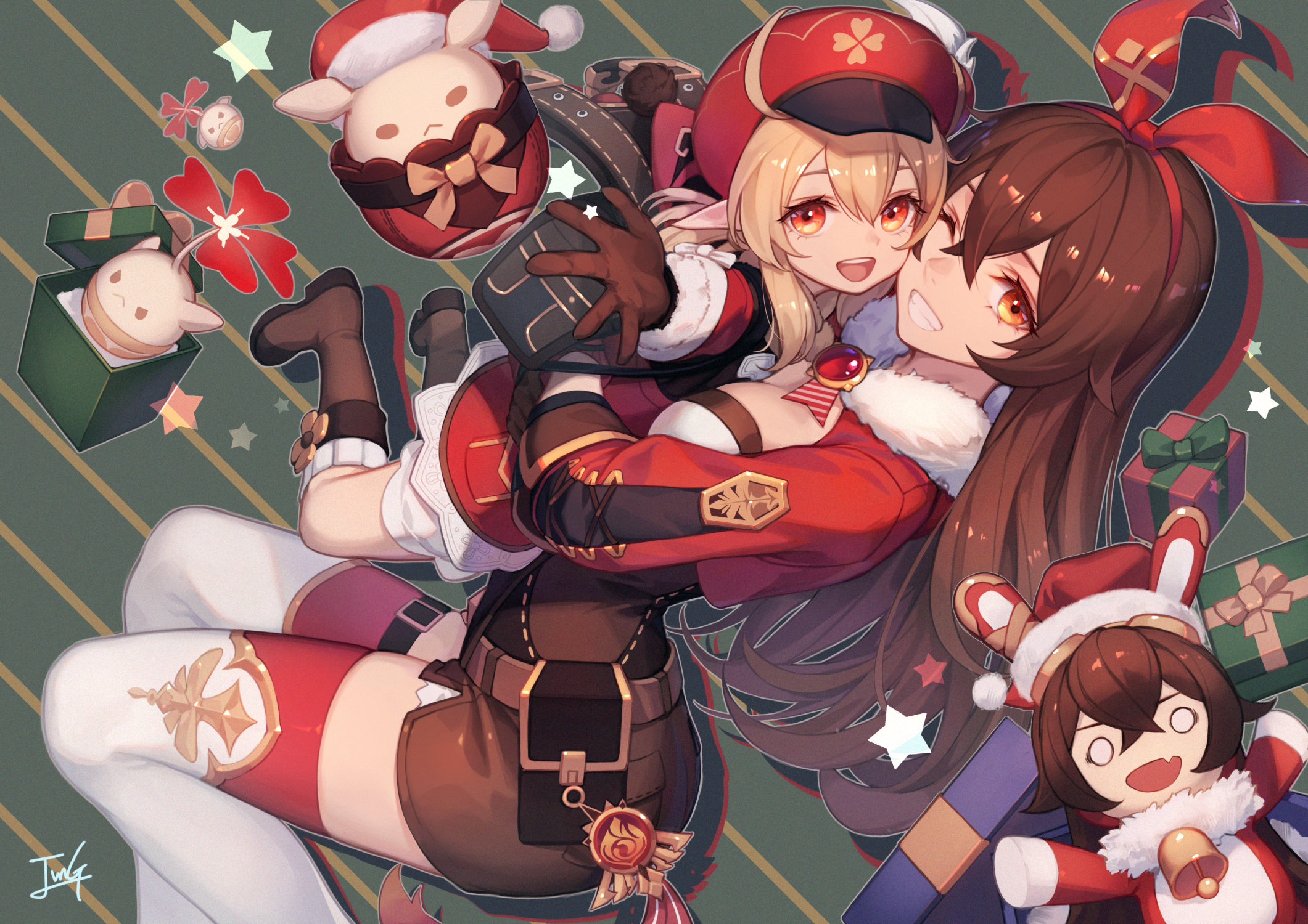 Klee and Amber from Genshin Impact in Christmas Outfits HD Wallpaper