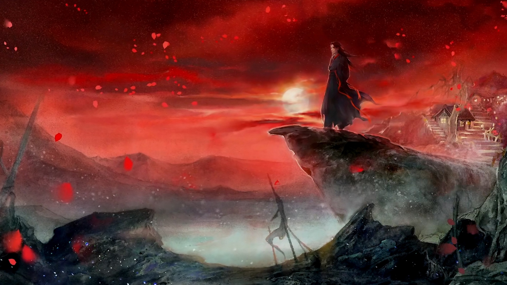 Wei Wuxian standing on a cliff at sunset HD Wallpaper