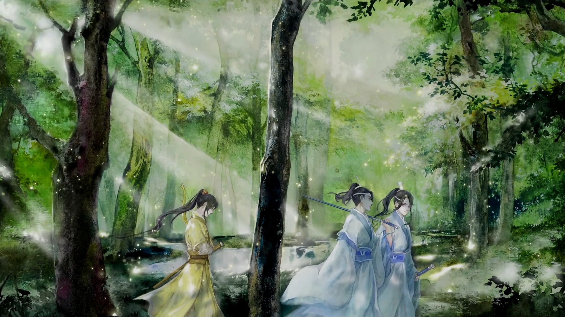 Mo Dao Zu Shi: Lan Sizhui, Jin Ling, and Lan Jingyi in a forest HD Wallpaper