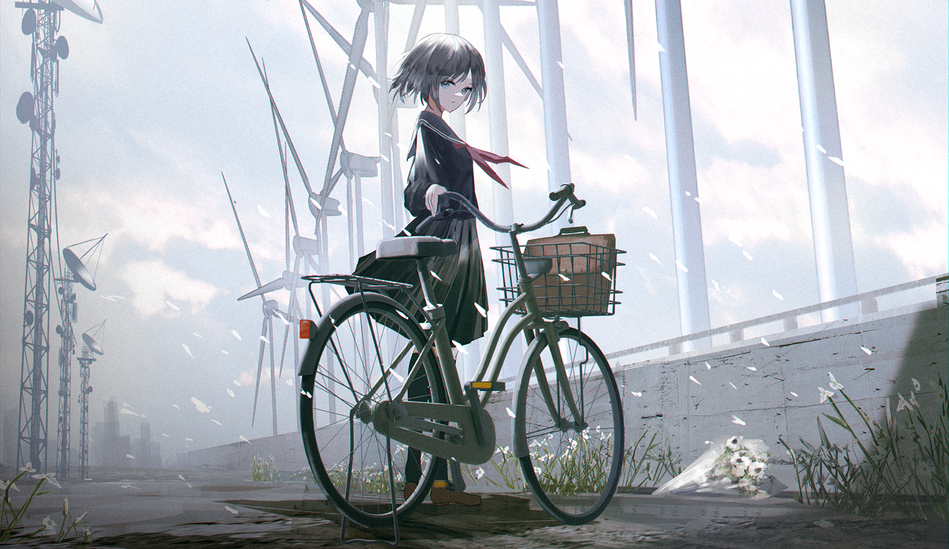 Girl with bicycle near wind turbines HD Wallpaper