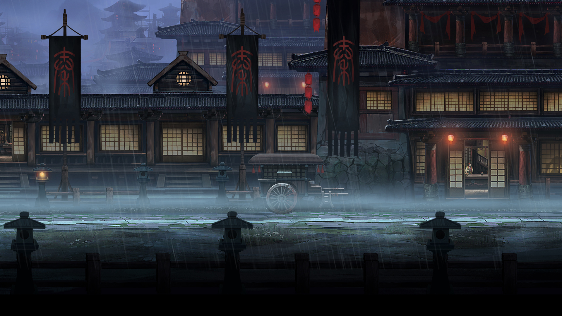 Traditional Japanese village in the rain HD Wallpaper