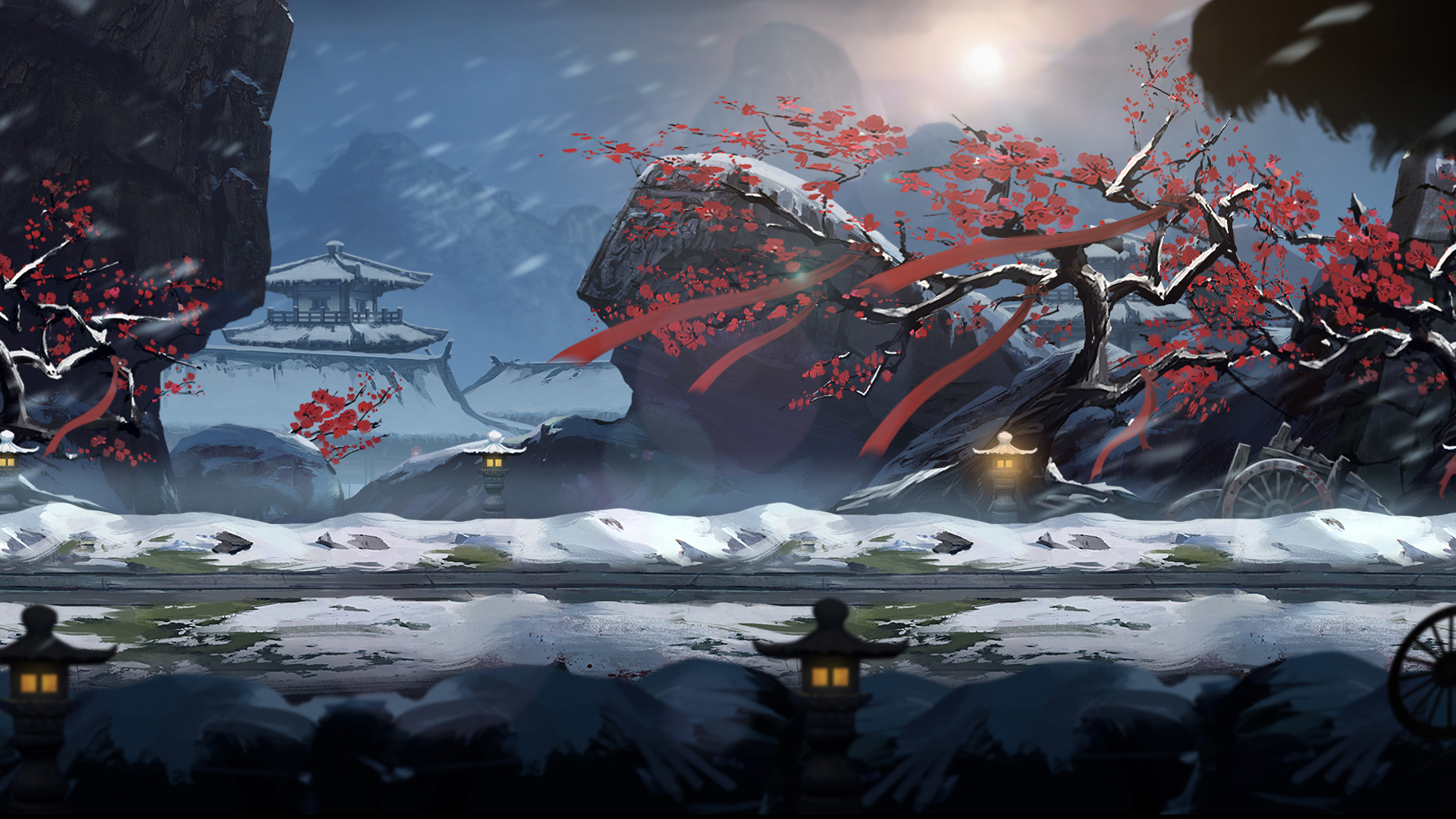 Winter Japanese Landscape with Cherry Blossoms HD Wallpaper