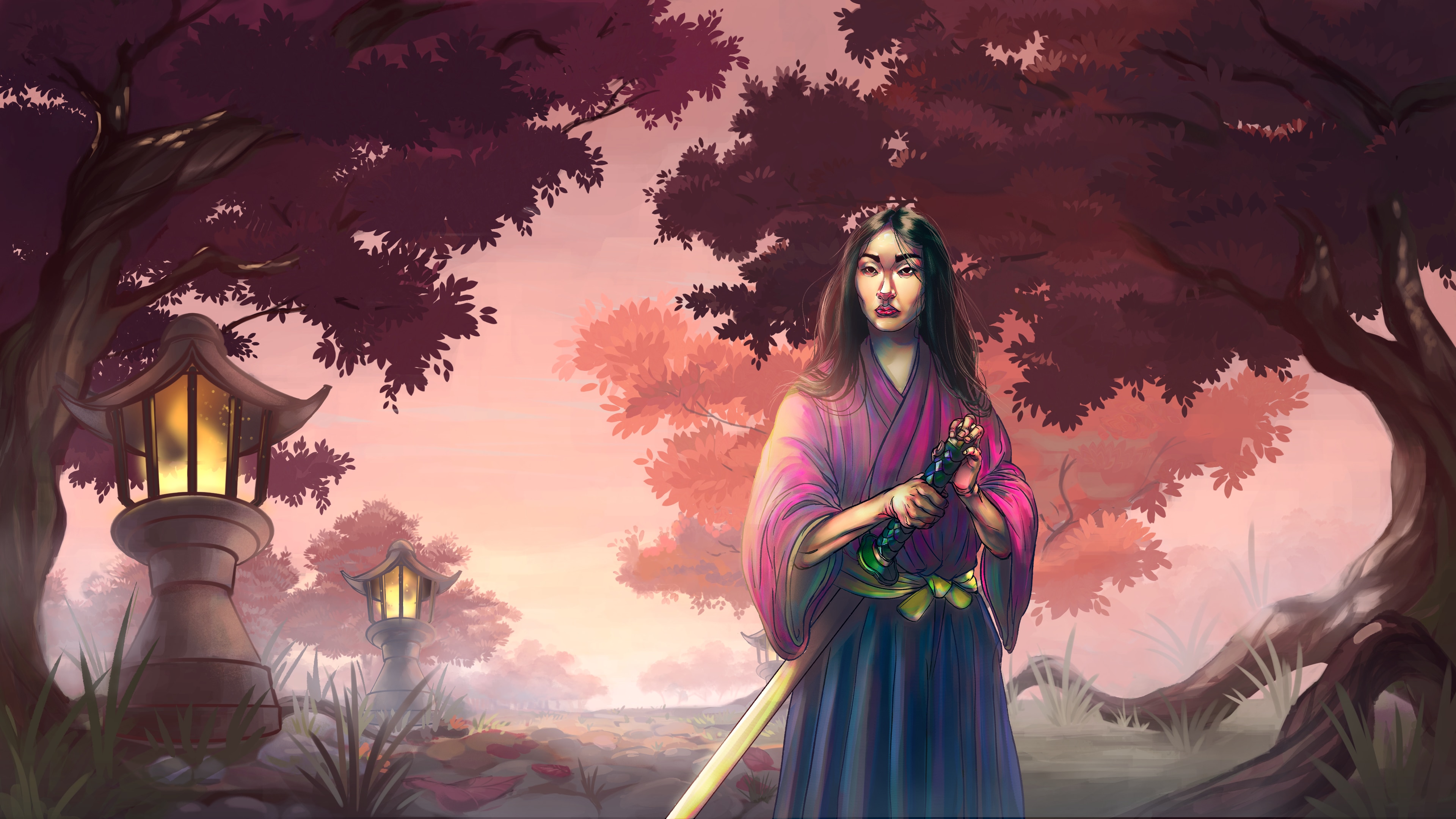 Samurai woman with katana in garden HD Wallpaper