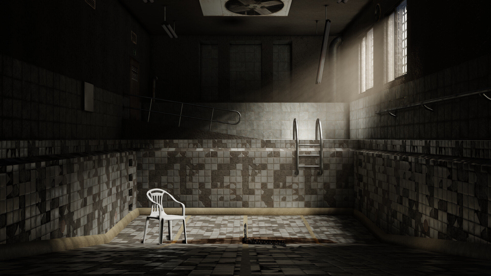Abandoned indoor swimming pool with chair and ladder HD Wallpaper