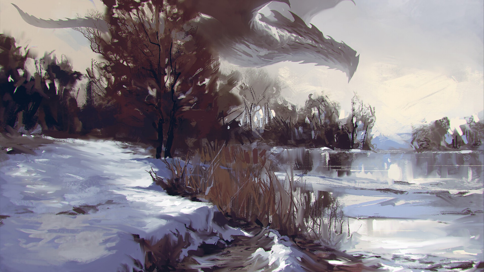 Fantasy Dragon over Snowy Landscape HD Wallpaper