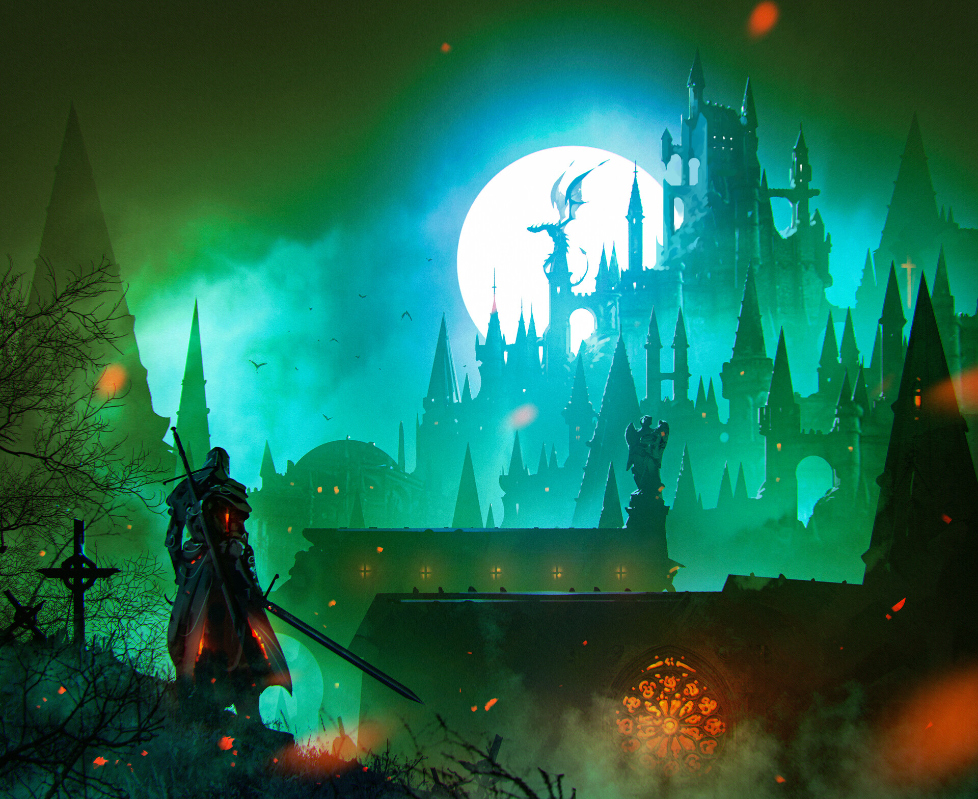Warrior with sword facing a fantasy castle with dragon and moon HD Wallpaper