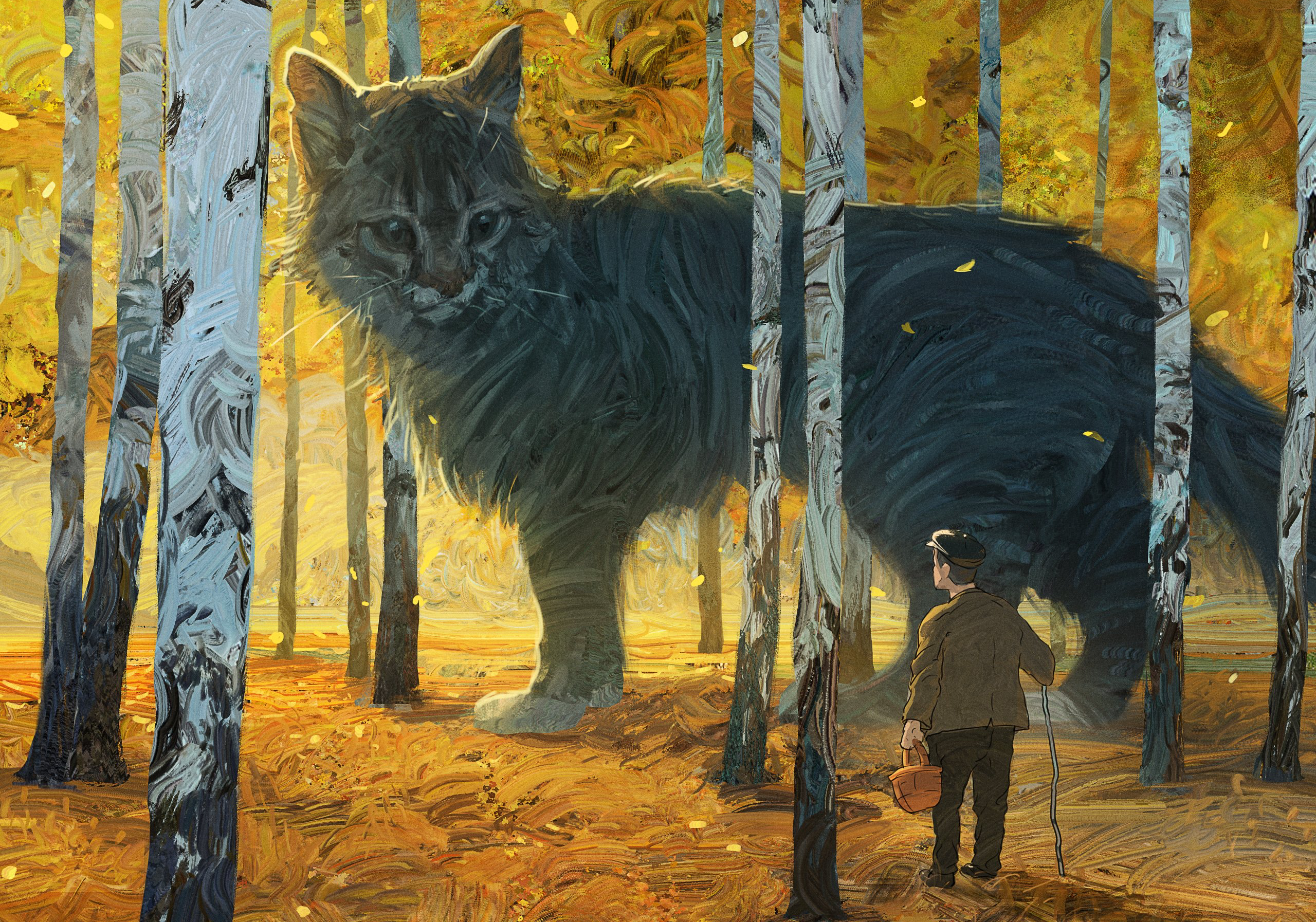 Giant fantasy cat in a forest with a man HD Wallpaper