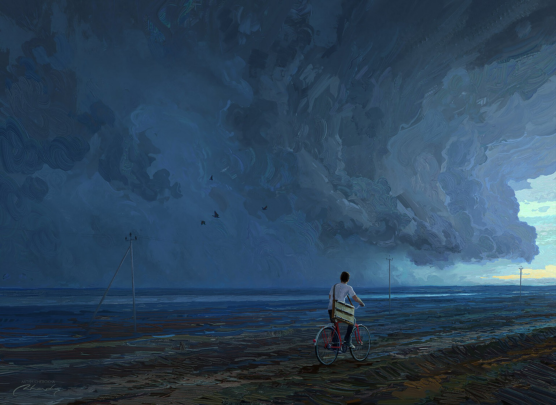 Man on bicycle facing storm clouds over water HD Wallpaper
