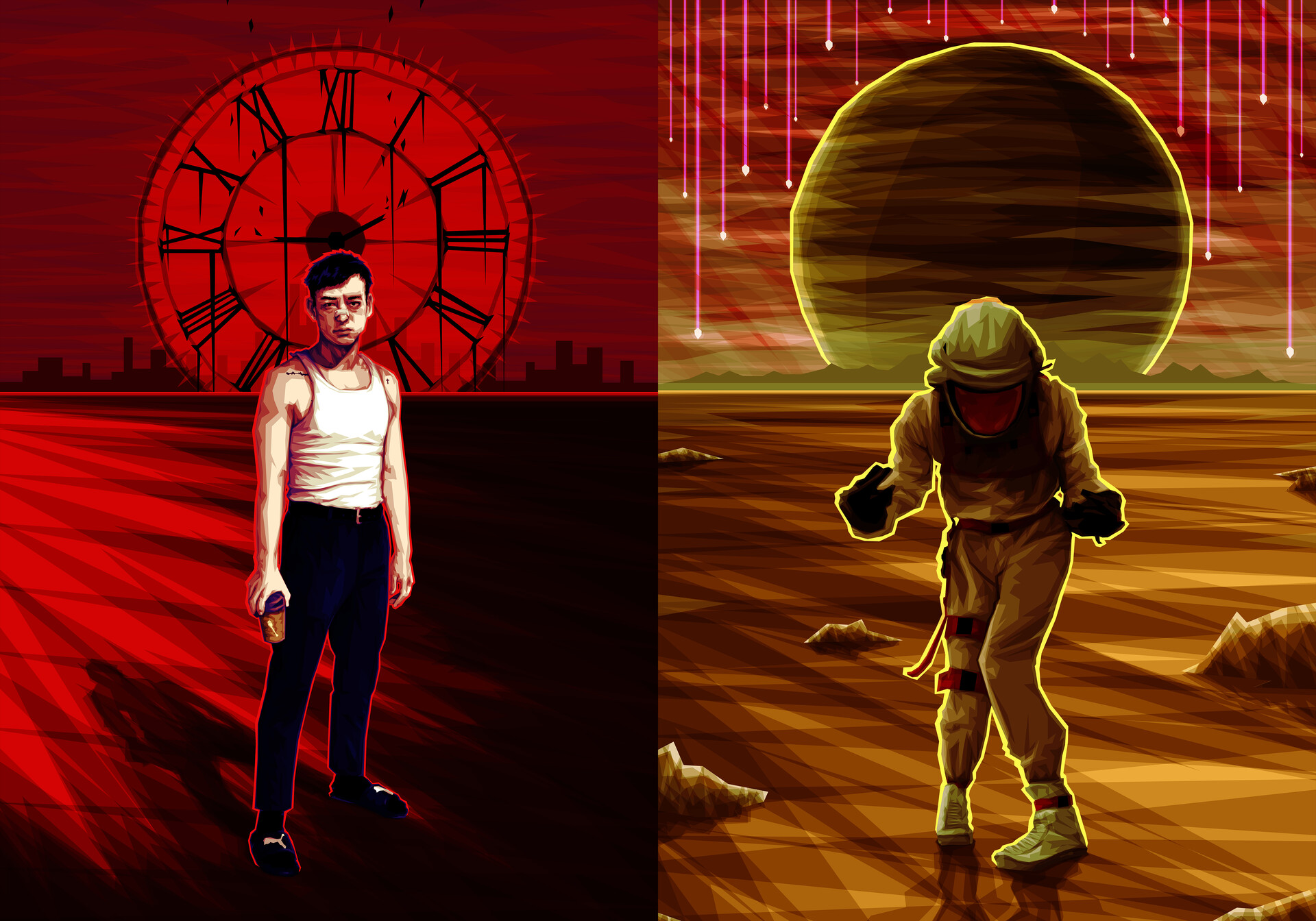 Joji in front of a clock and a person in a spacesuit on a planet HD Wallpaper