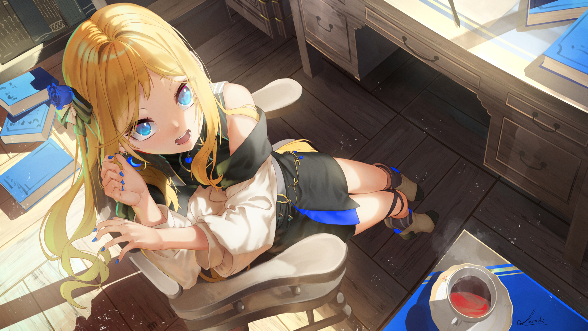 Girl with Blonde Hair and Aqua Eyes in a Study HD Wallpaper
