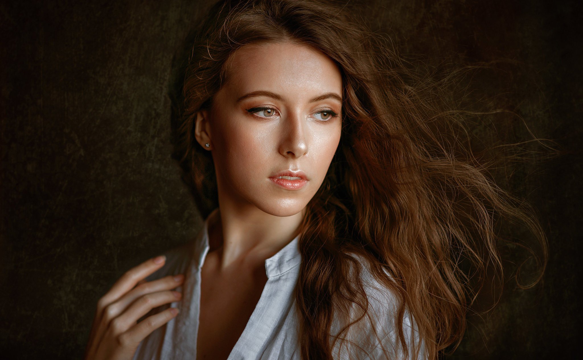 Woman with long brown hair HD Wallpaper