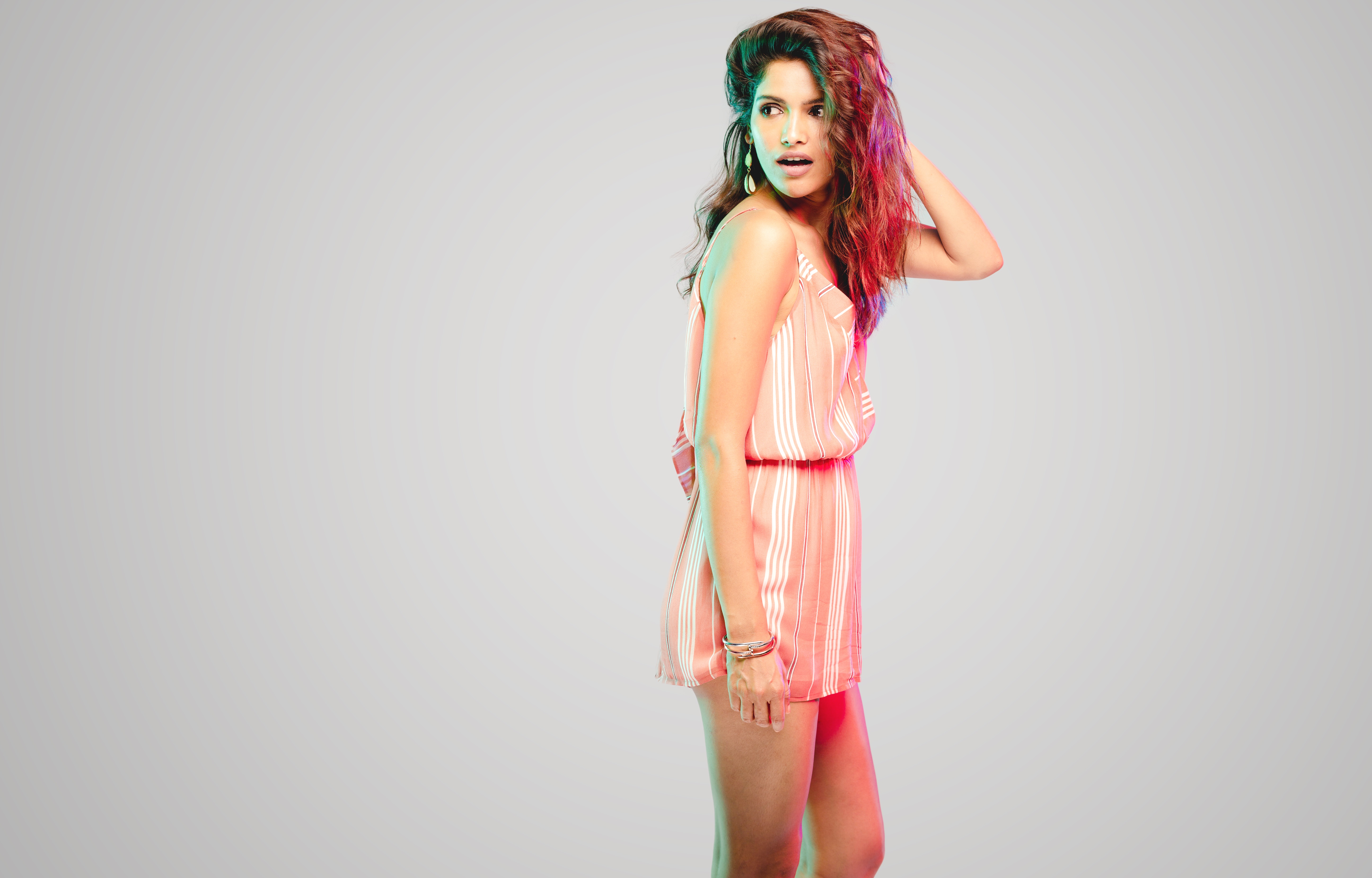 Vartika Singh in striped romper HD Wallpaper