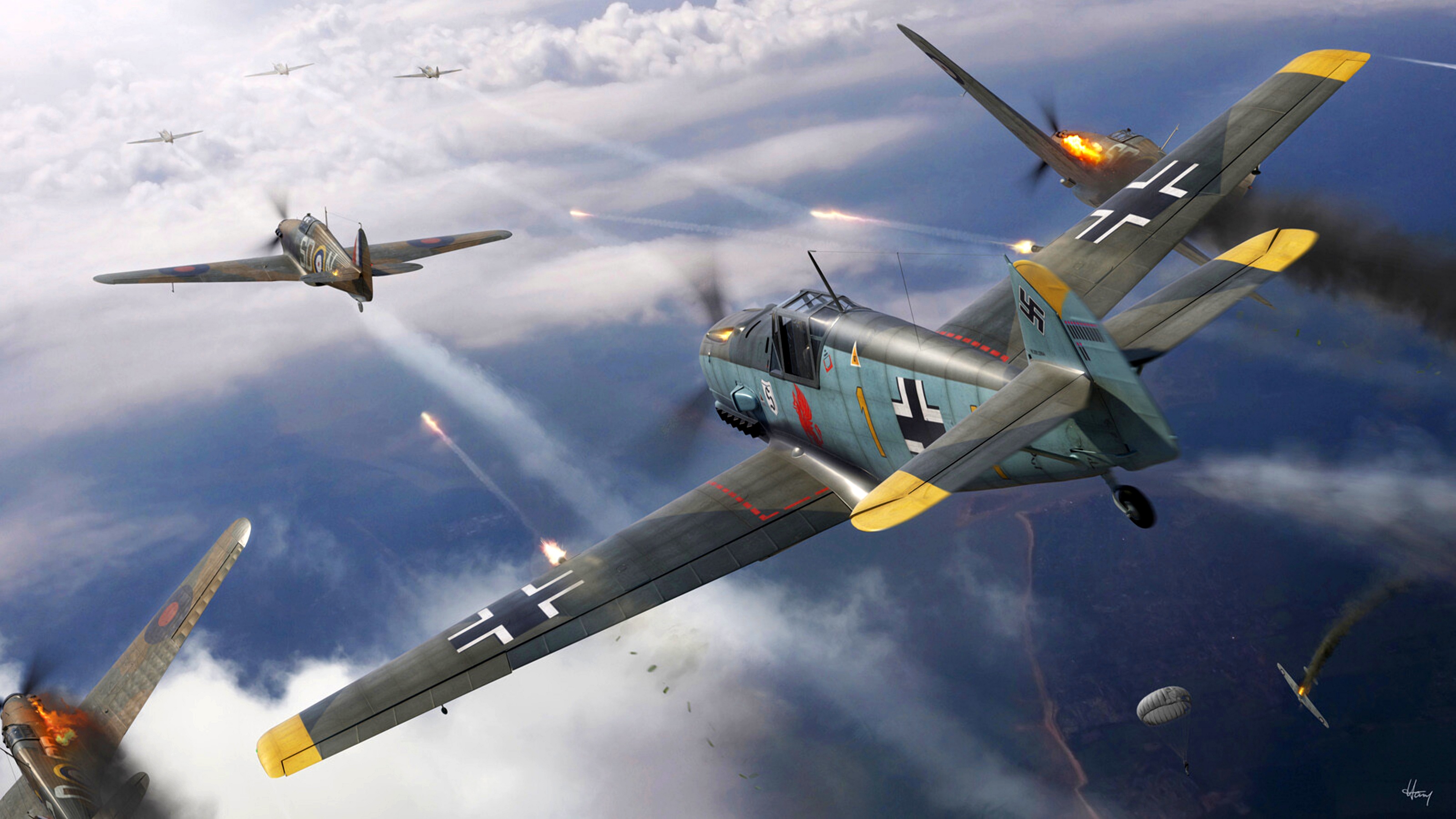 Messerschmitt Bf 109 and Hawker Hurricanes in aerial combat HD Wallpaper