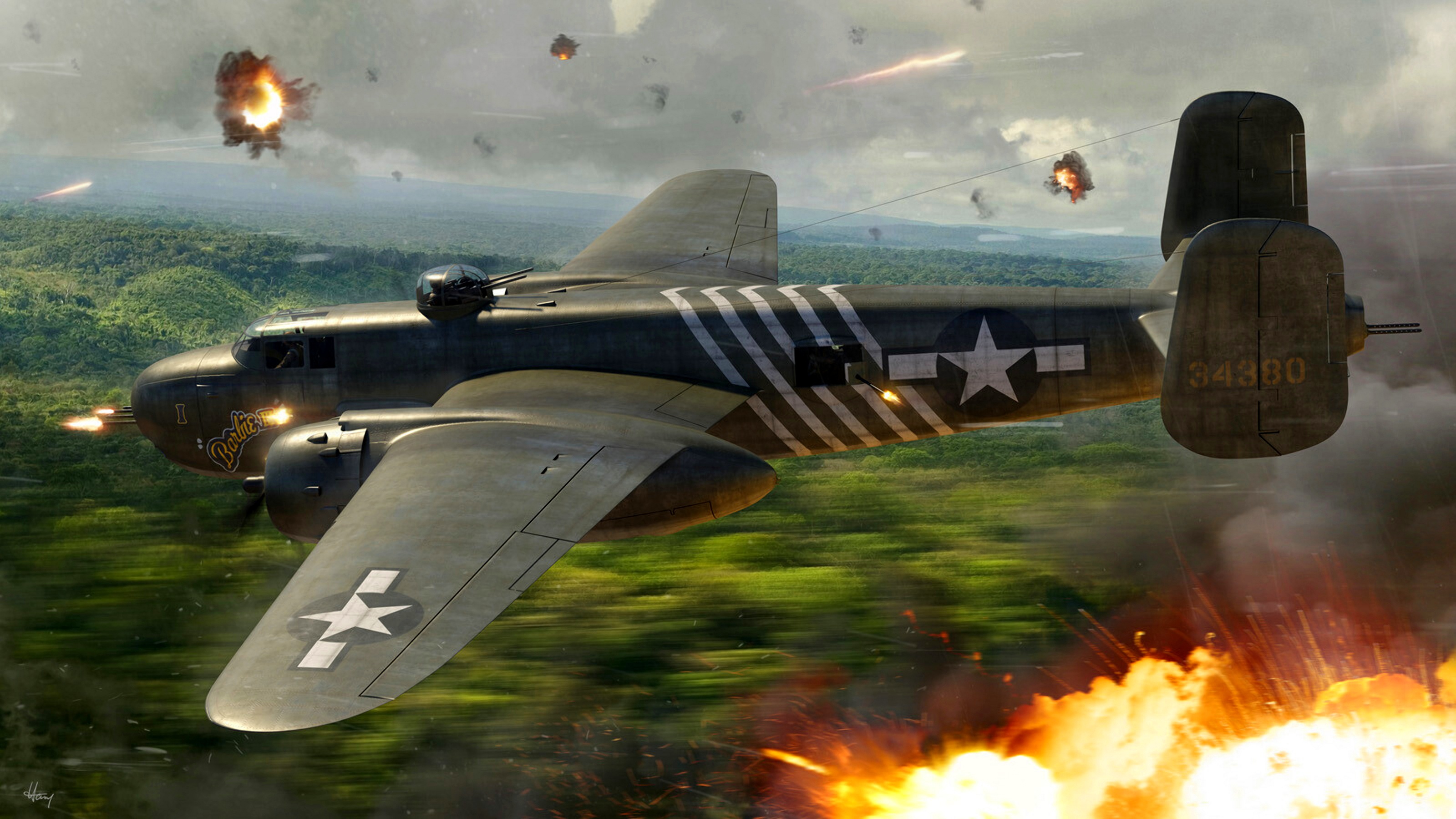 North American B-25 Mitchell bomber in combat HD Wallpaper