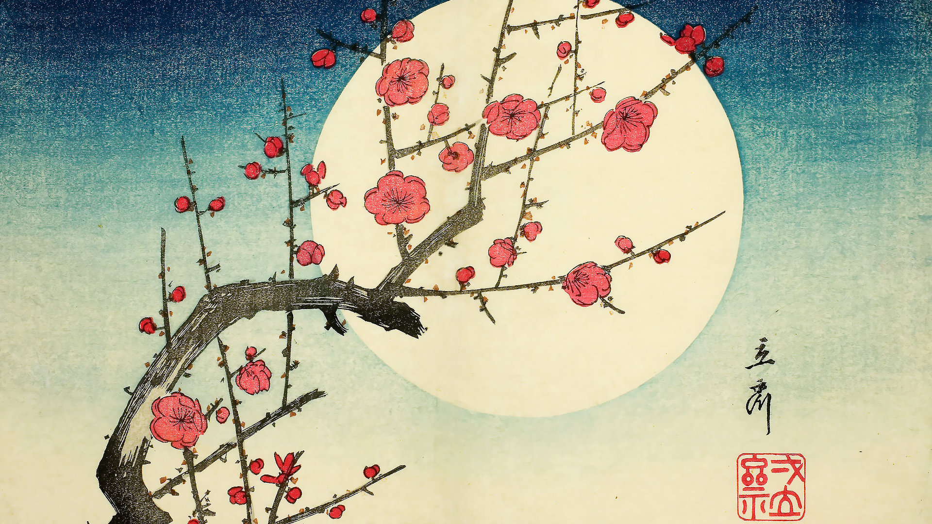 Pink Plum Blossoms in Front of a Full Moon HD Wallpaper