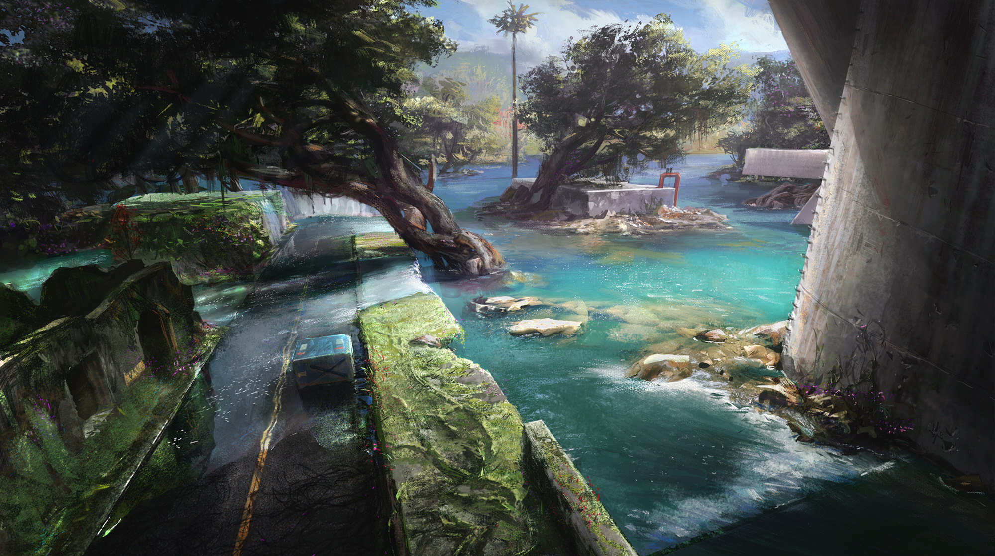 Flooded road with overgrown vegetation and a large concrete structure HD Wallpaper