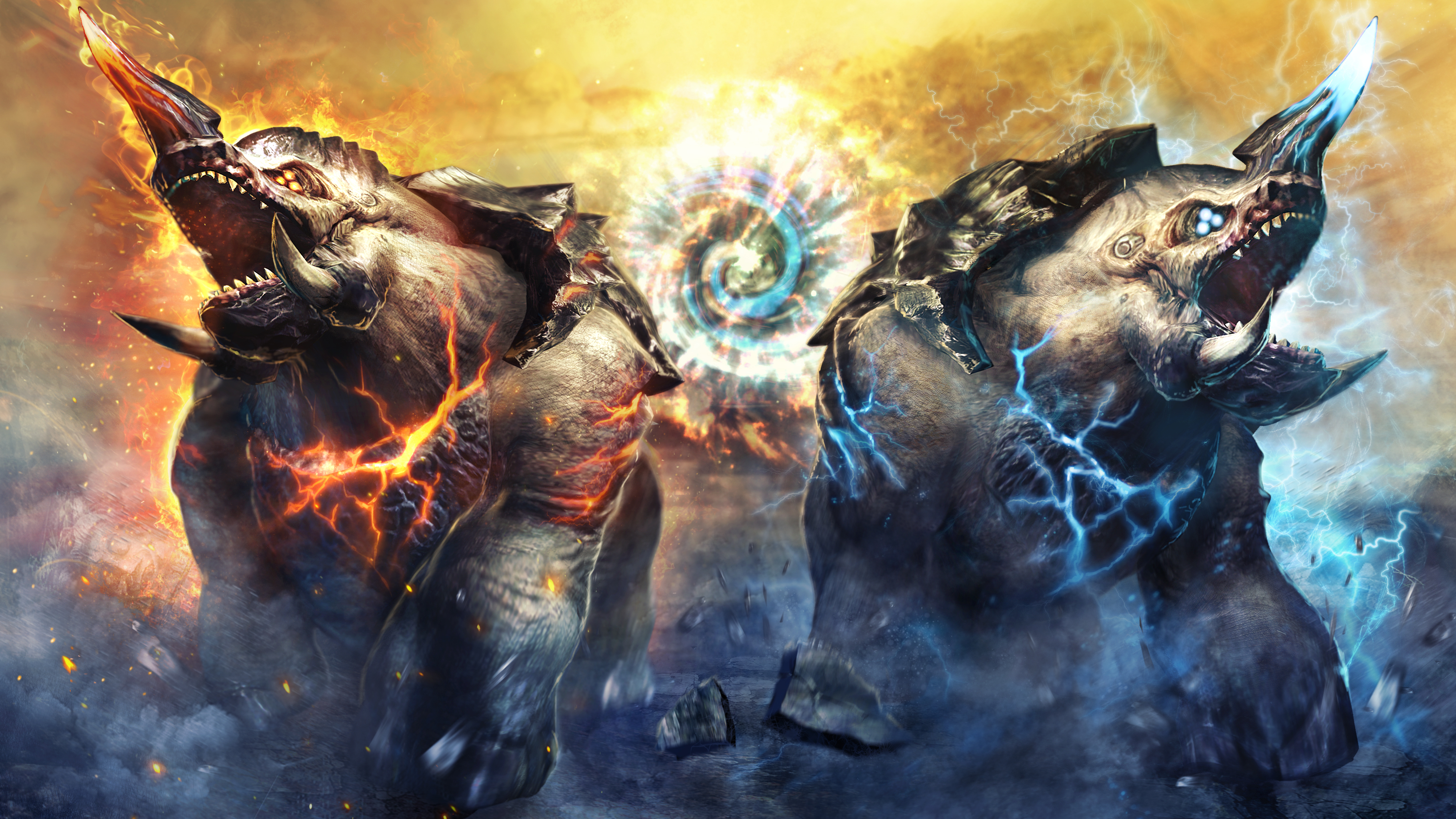 Two Kaiju monsters with fire and lightning effects HD Wallpaper