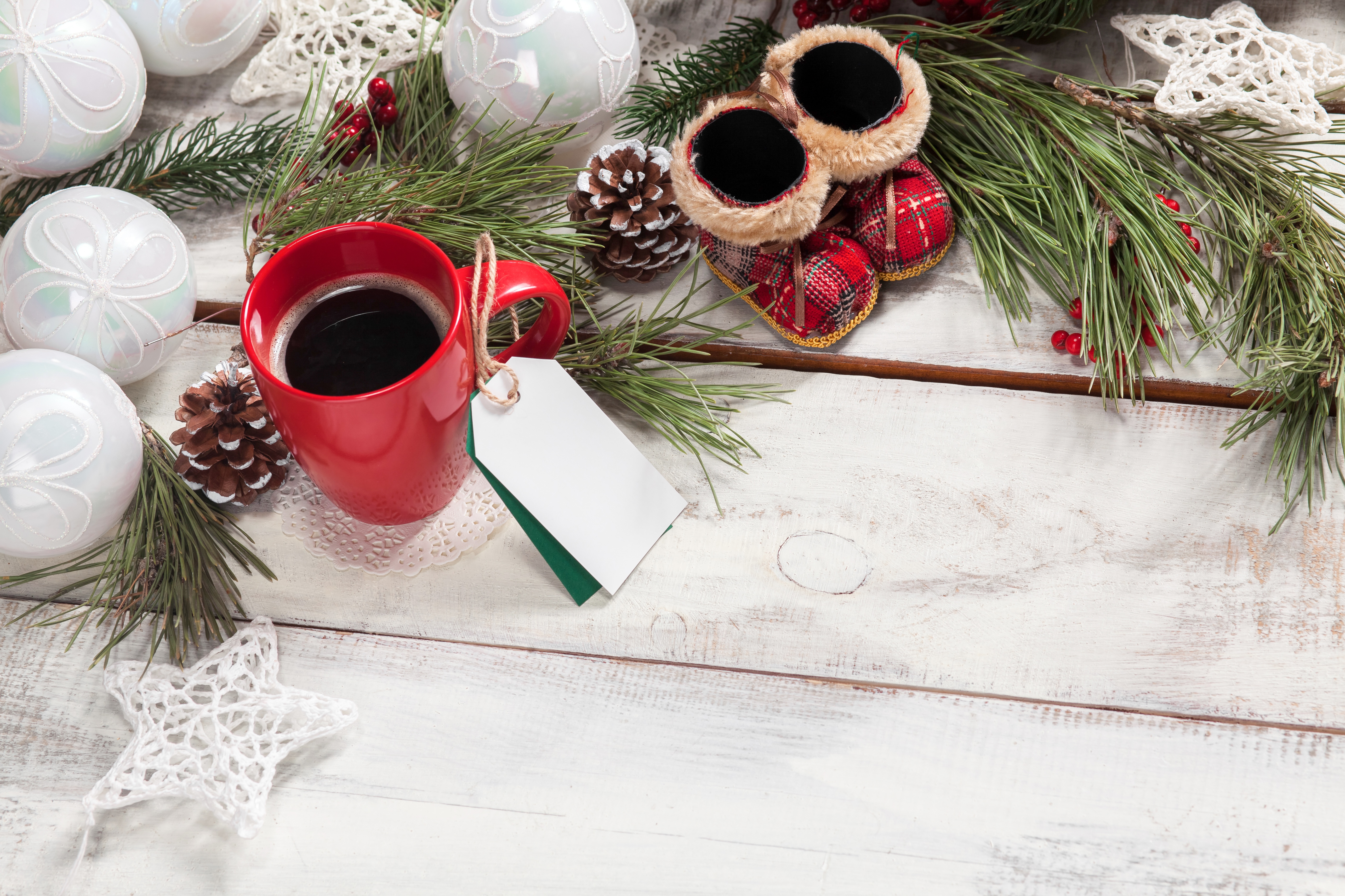 Christmas Still Life with Coffee Cup and Ornaments HD Wallpaper