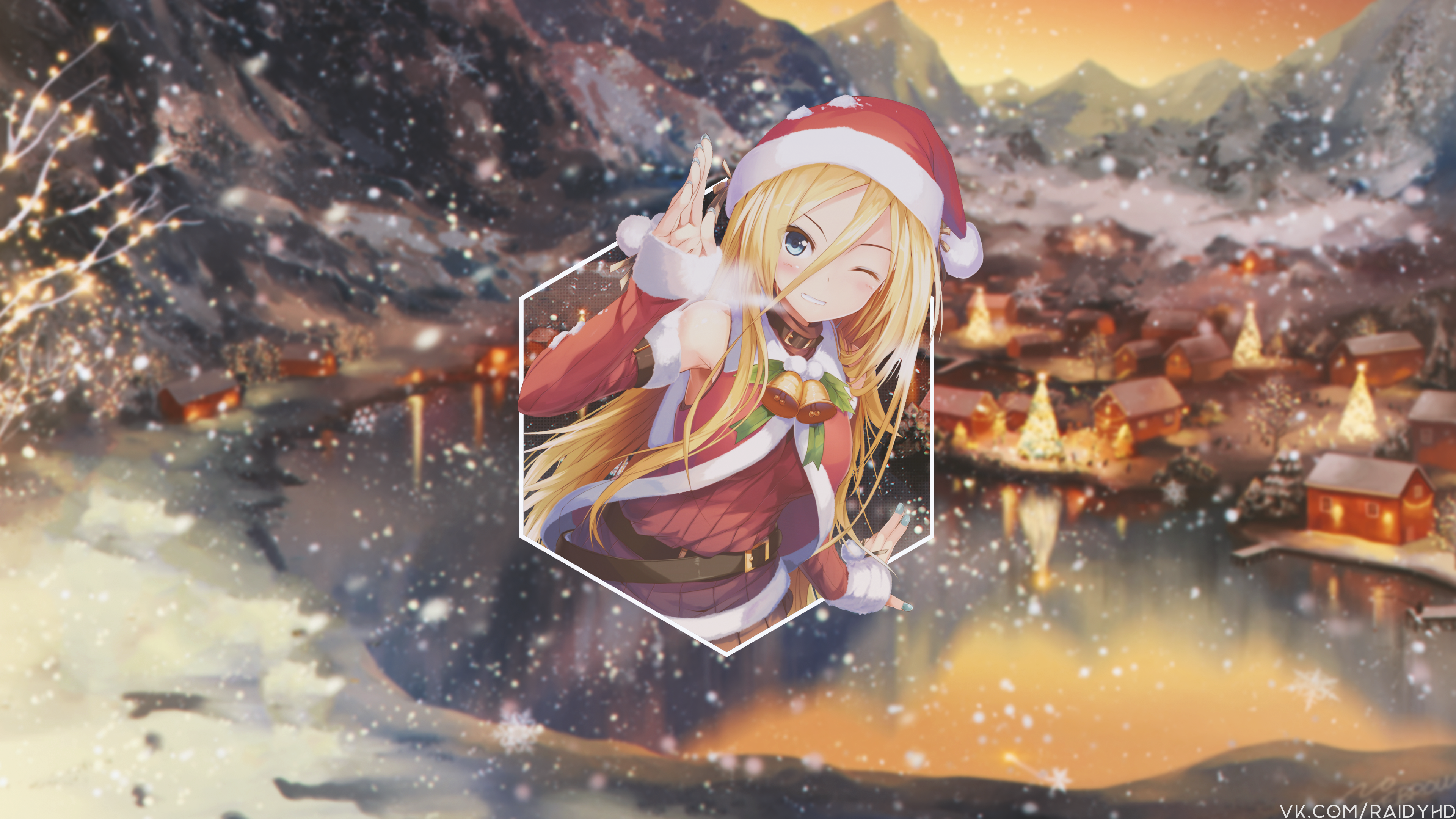 Anime girl in Santa outfit with Christmas village background 4K HD Wallpaper
