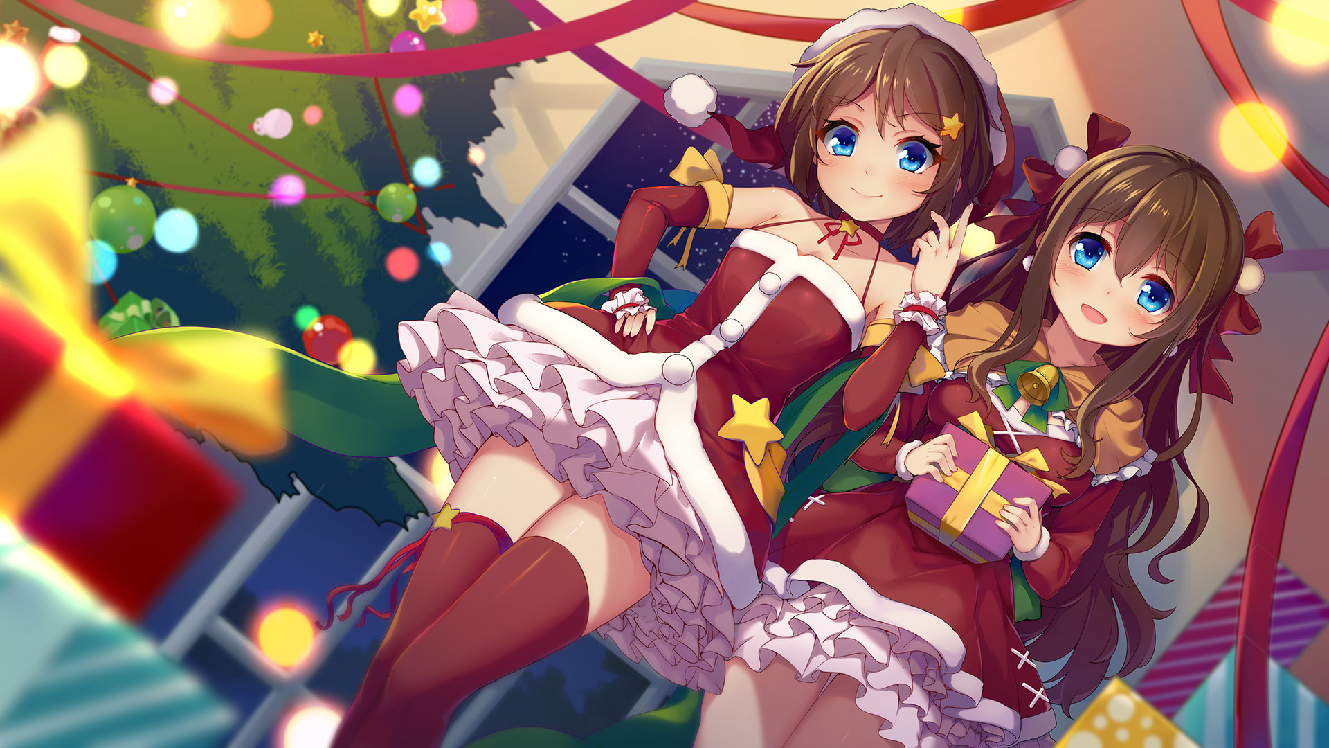 Two anime girls in Christmas outfits with presents HD Wallpaper