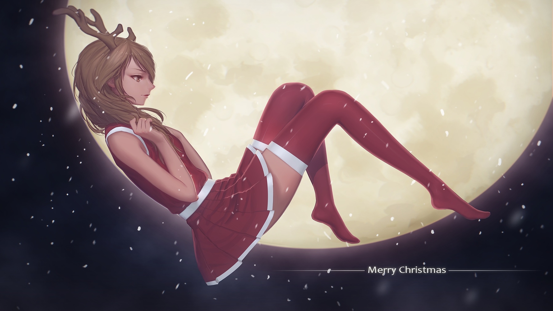 Anime girl in Christmas outfit with reindeer antlers HD Wallpaper