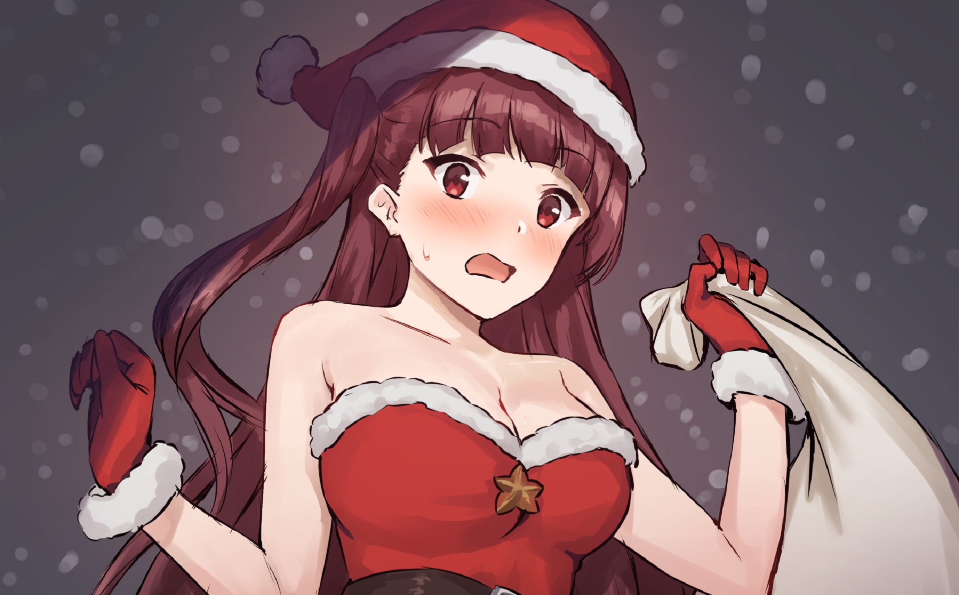 Anime girl in Santa outfit holding a gift bag HD Wallpaper
