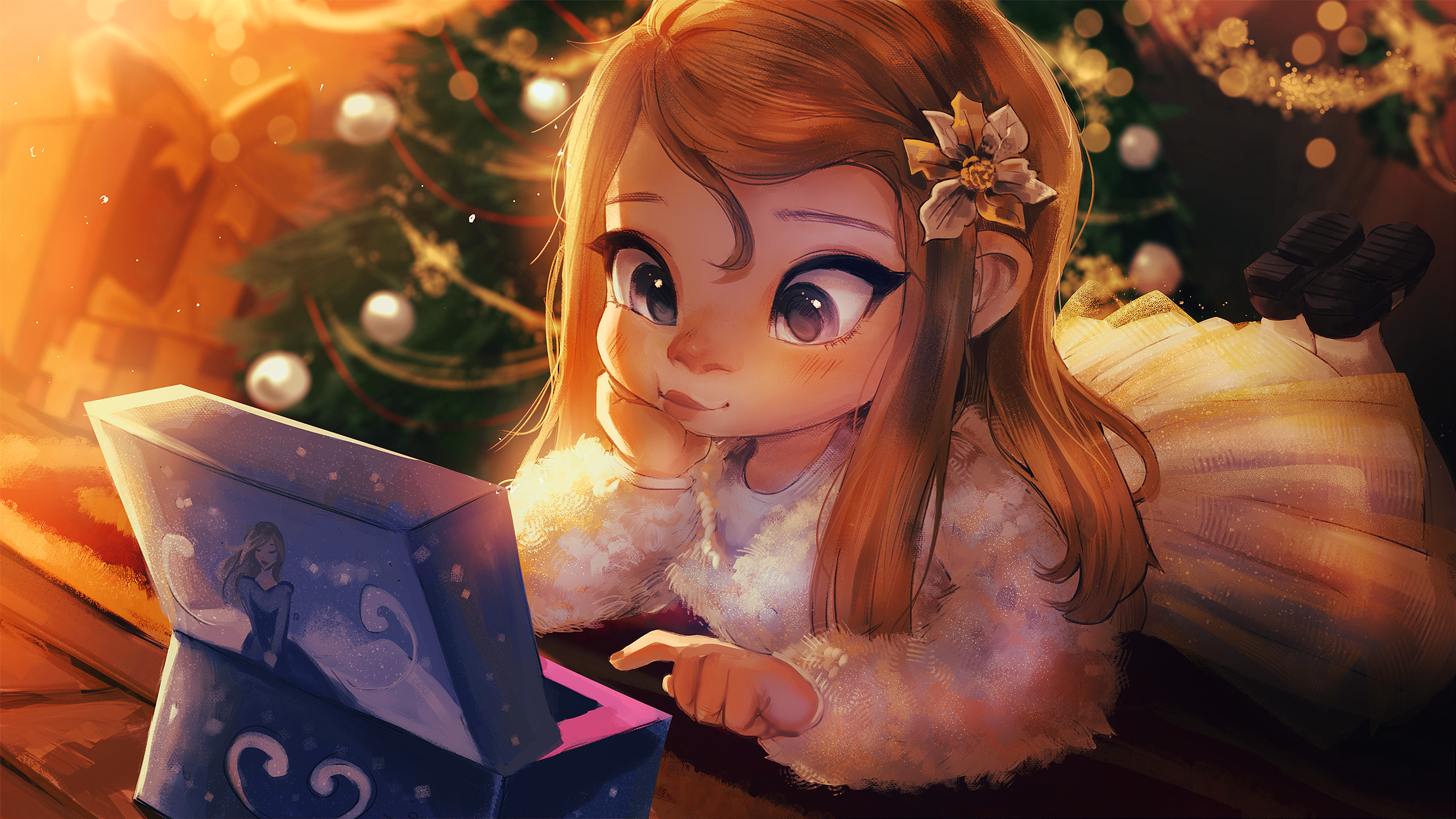 Girl looking at a music box near a Christmas tree HD Wallpaper