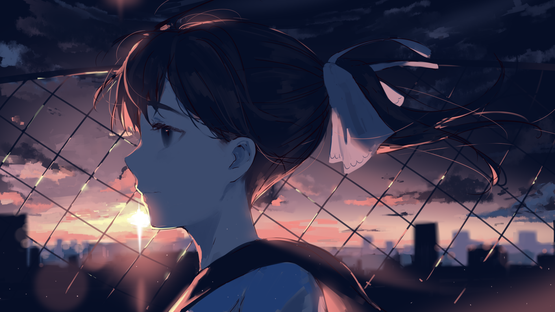 Girl looking at sunset over city HD Wallpaper