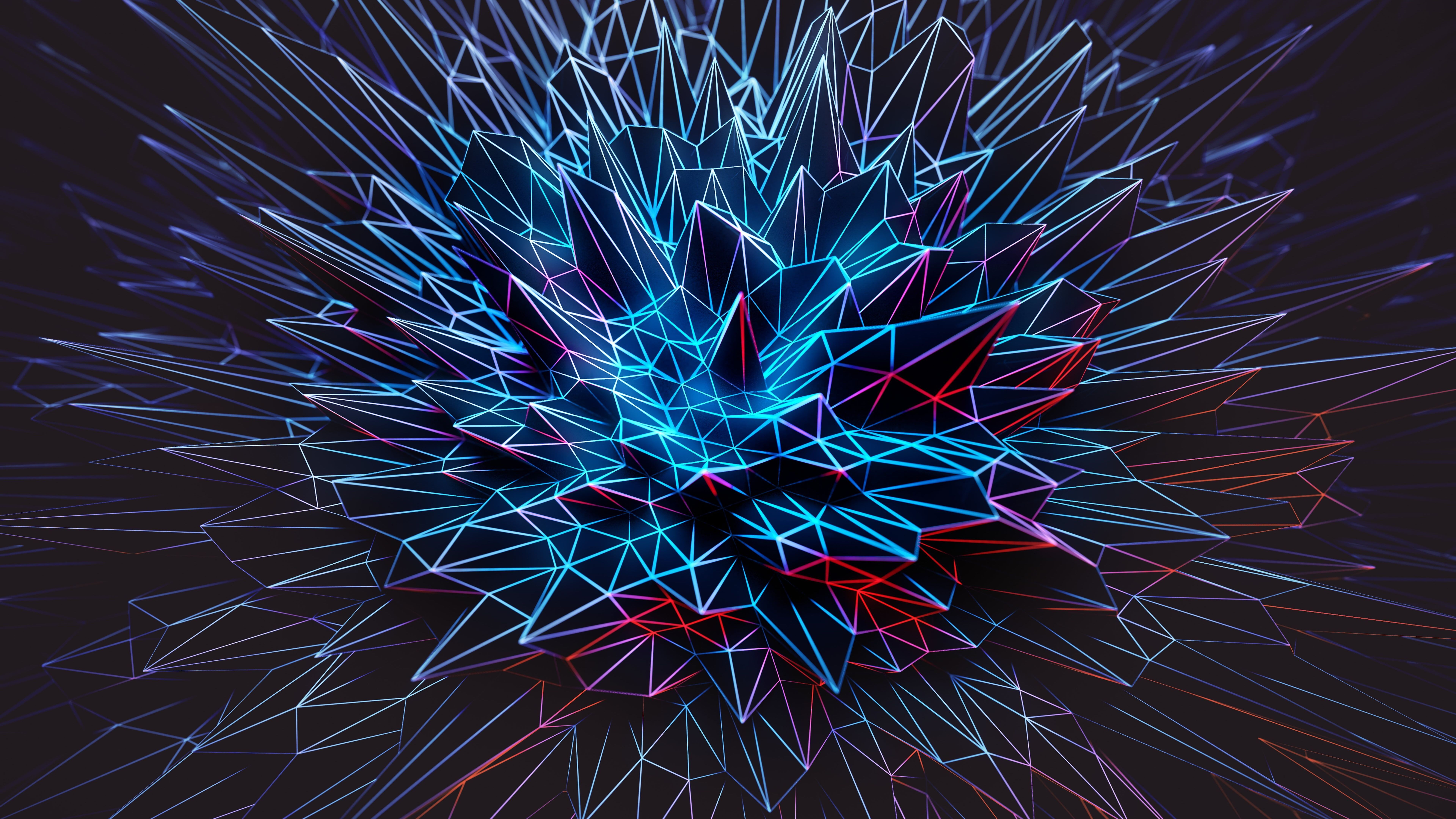 Abstract geometric wireframe explosion with neon lights HD Wallpaper