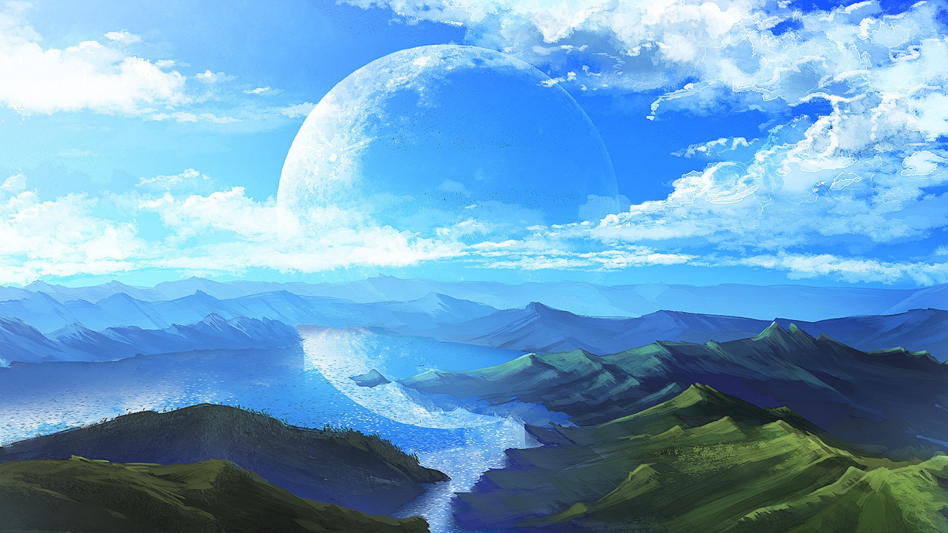 Fantasy landscape with a large moon over mountains and a lake HD Wallpaper