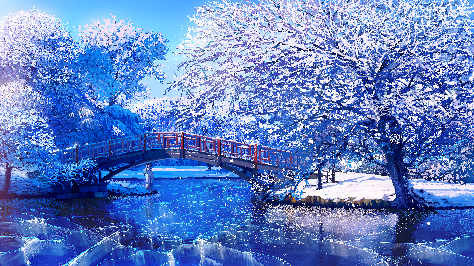 A snowy Japanese garden with a bridge over icy water HD Wallpaper