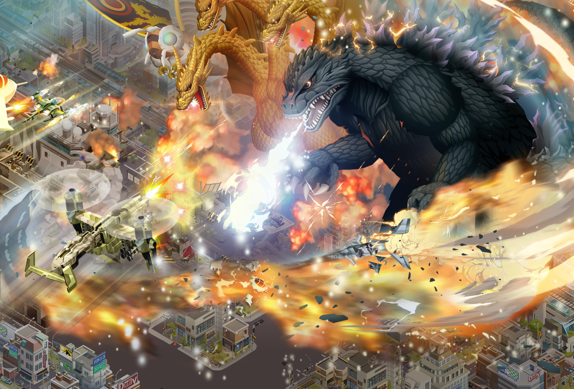 Godzilla vs. King Ghidorah in a City HD Wallpaper