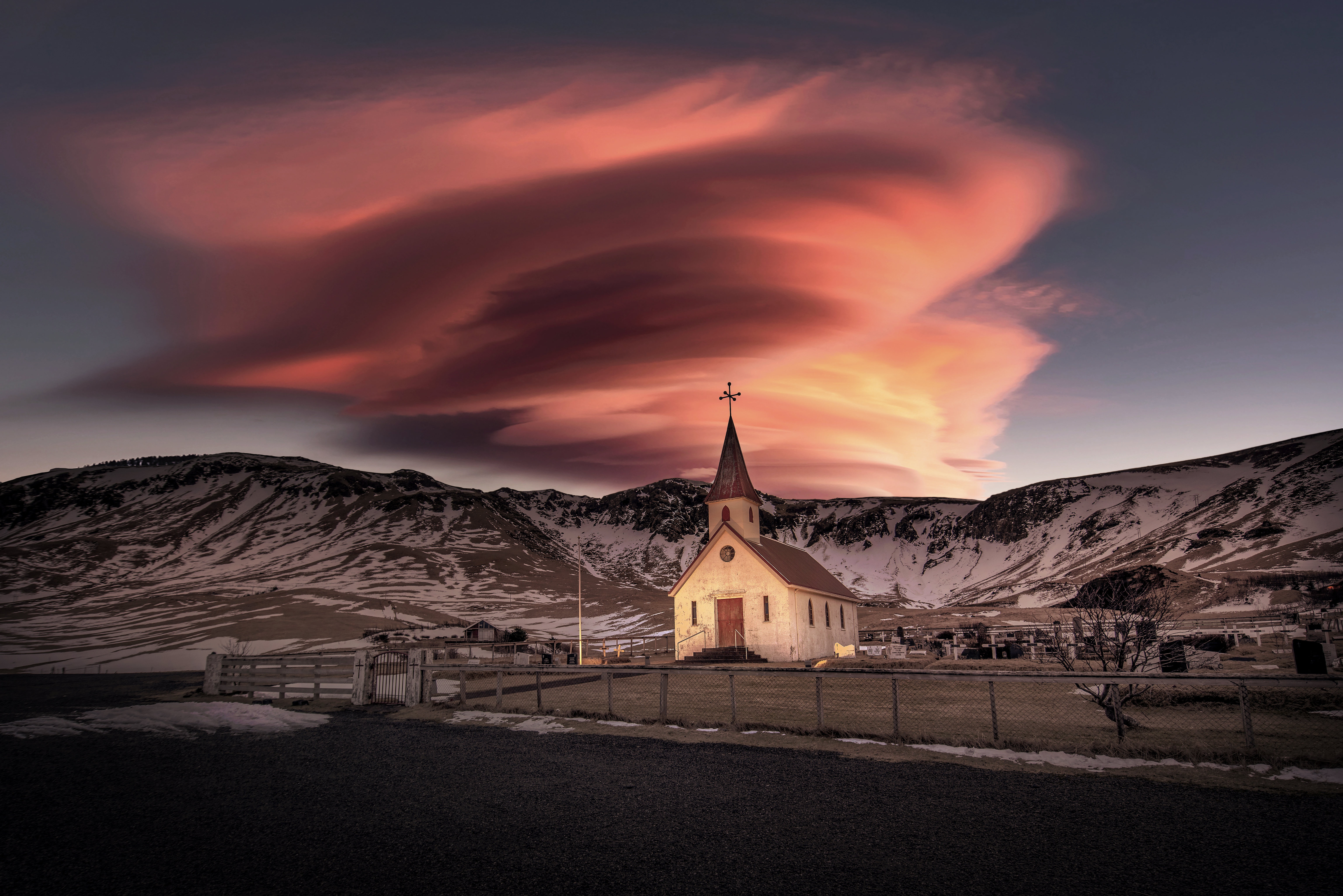 Church in Iceland with Lenticular Clouds at Sunset HD Wallpaper