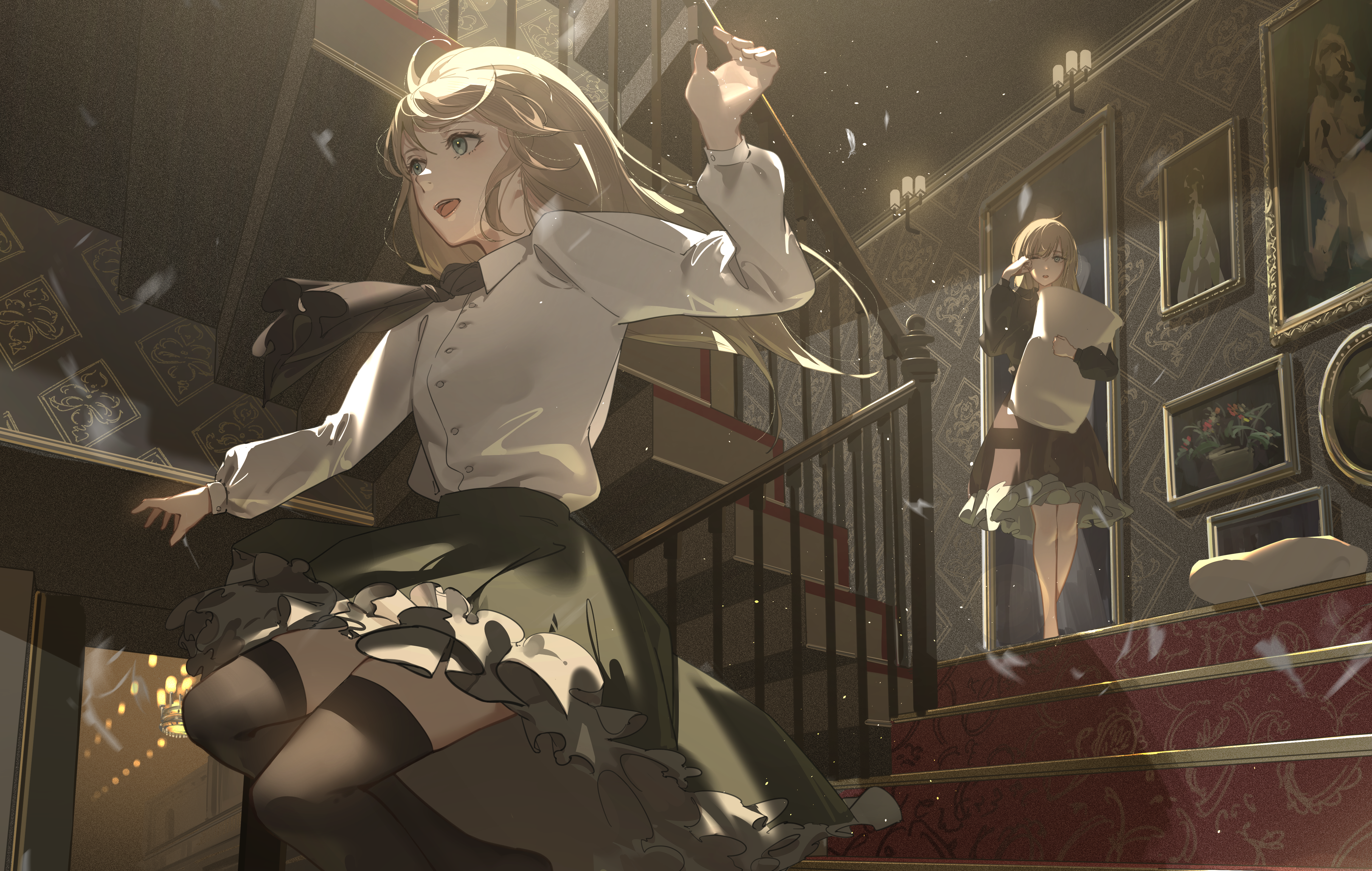 Blonde girl in white shirt and green skirt on stairs HD Wallpaper