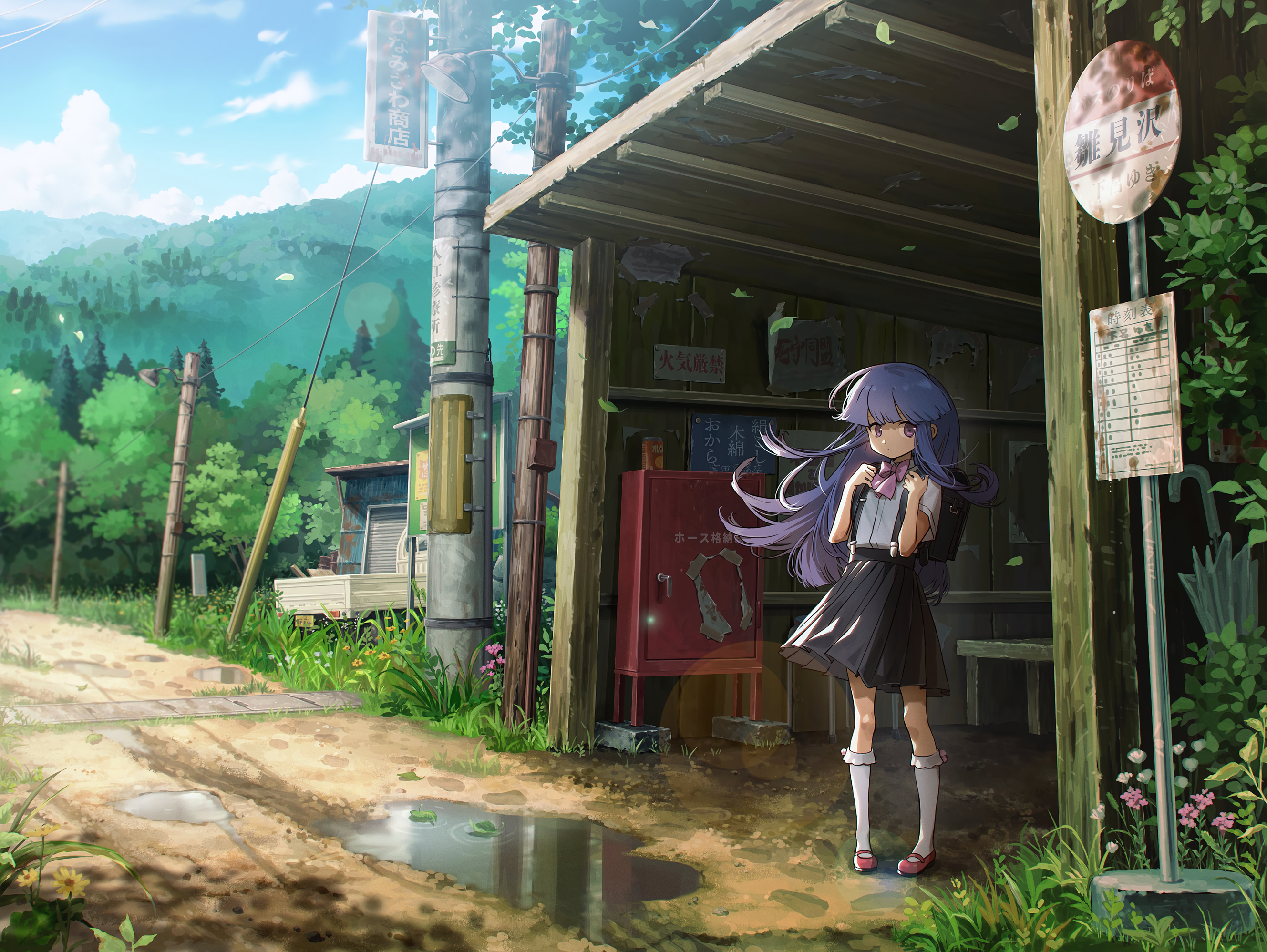 Furude Rika at a bus stop in a rural town HD Wallpaper