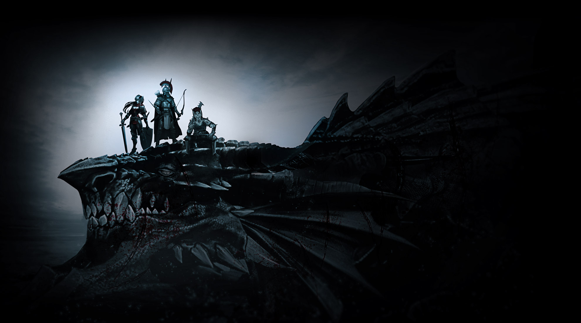 Three adventurers on a dragon in Vindictus HD Wallpaper