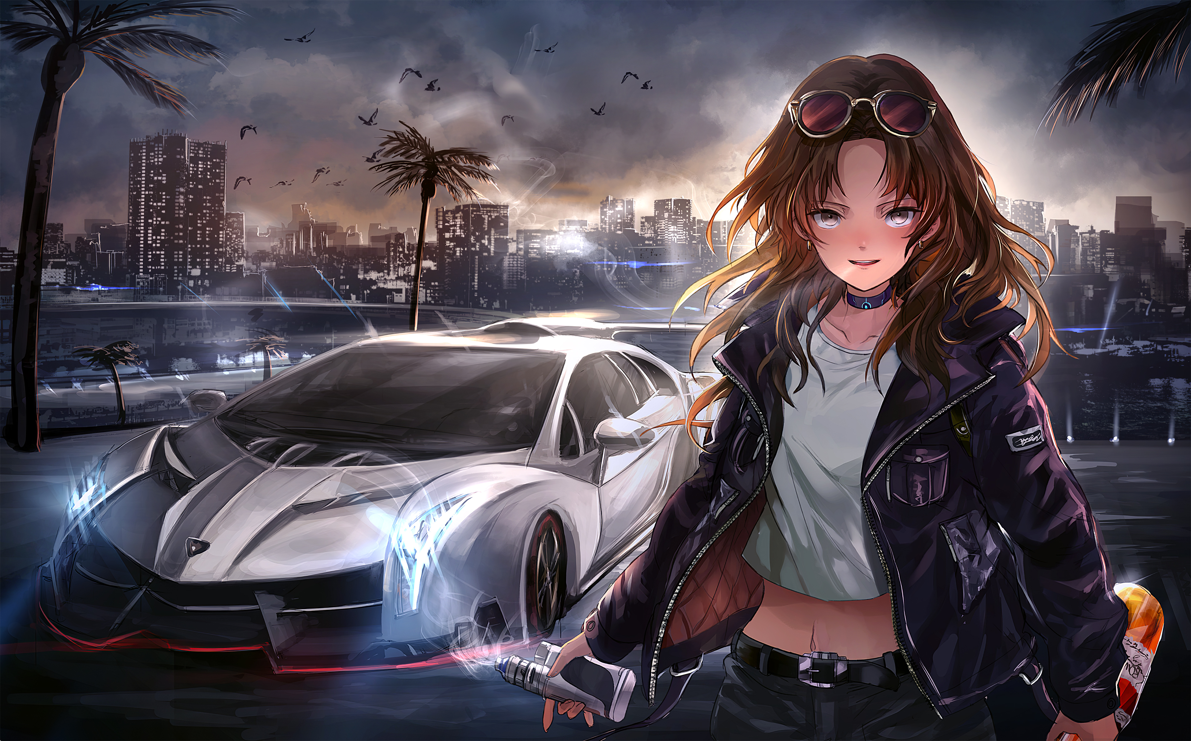 Anime girl with sports car in city at night 4K HD Wallpaper