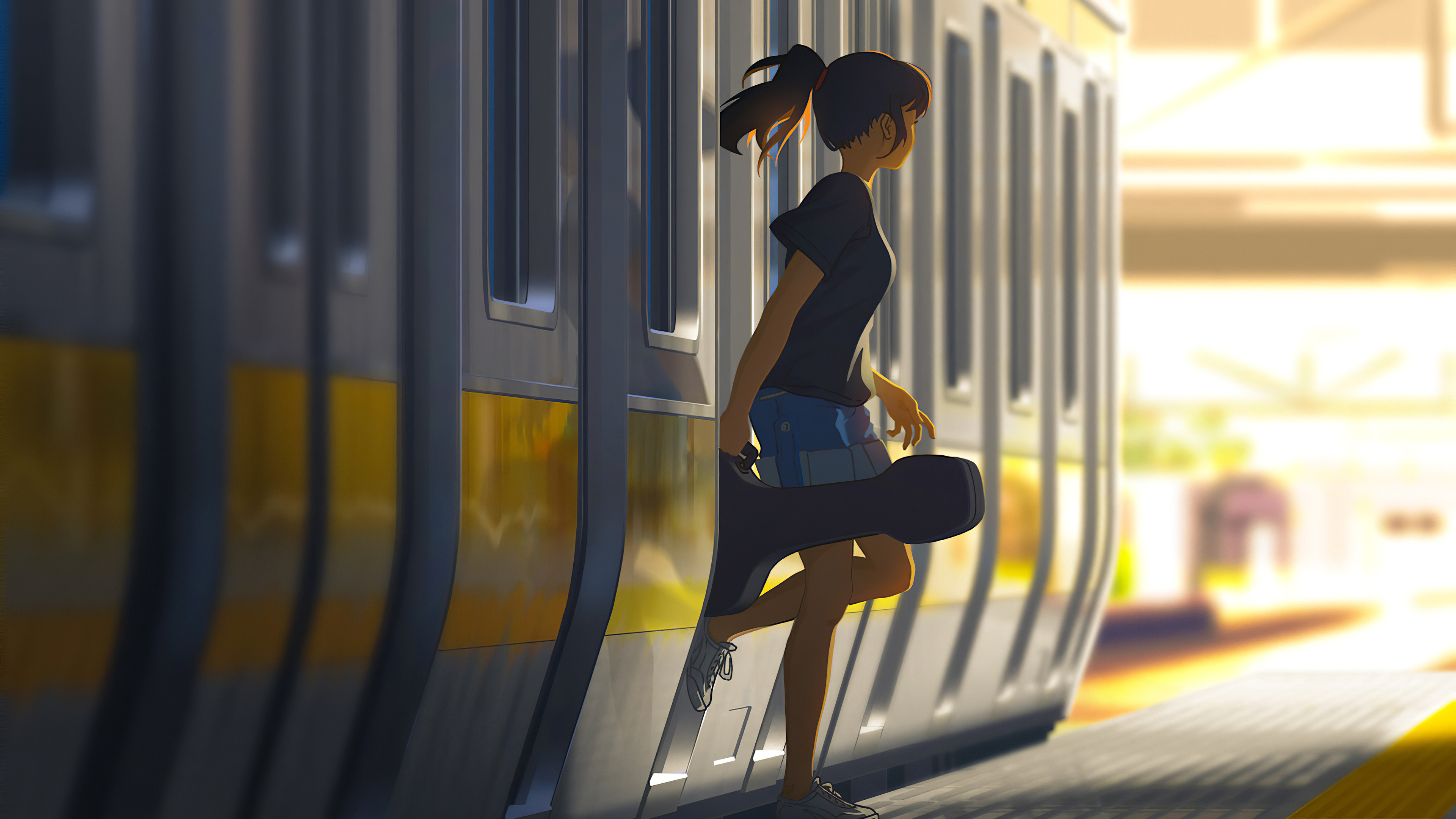 Girl with guitar exiting a train at a station HD Wallpaper