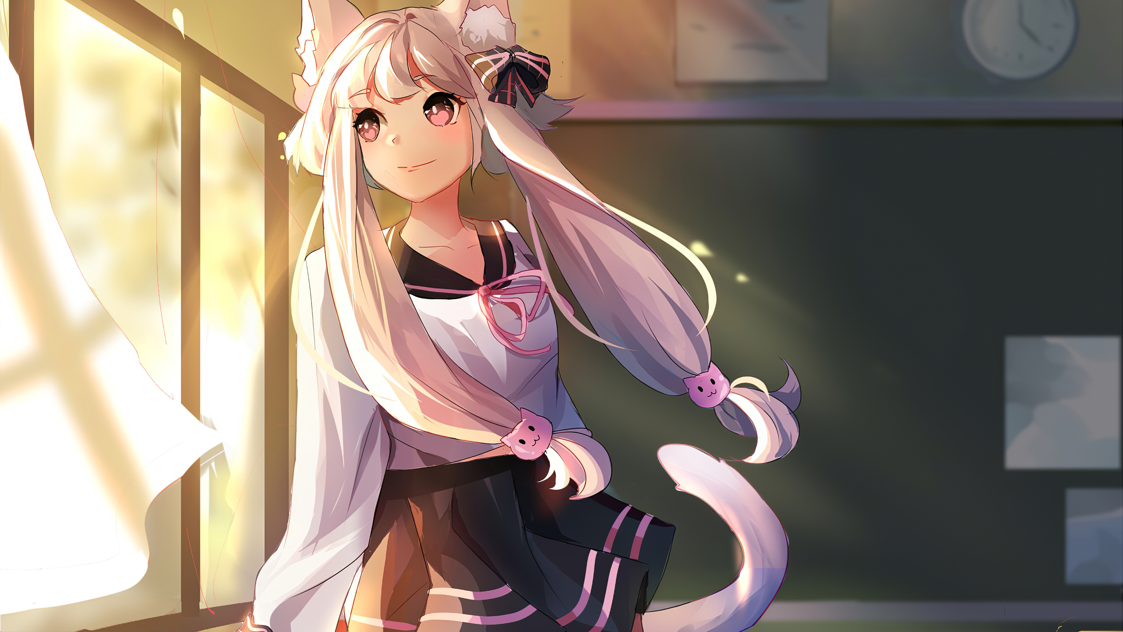 Anime cat girl in school uniform near window 4K HD Wallpaper