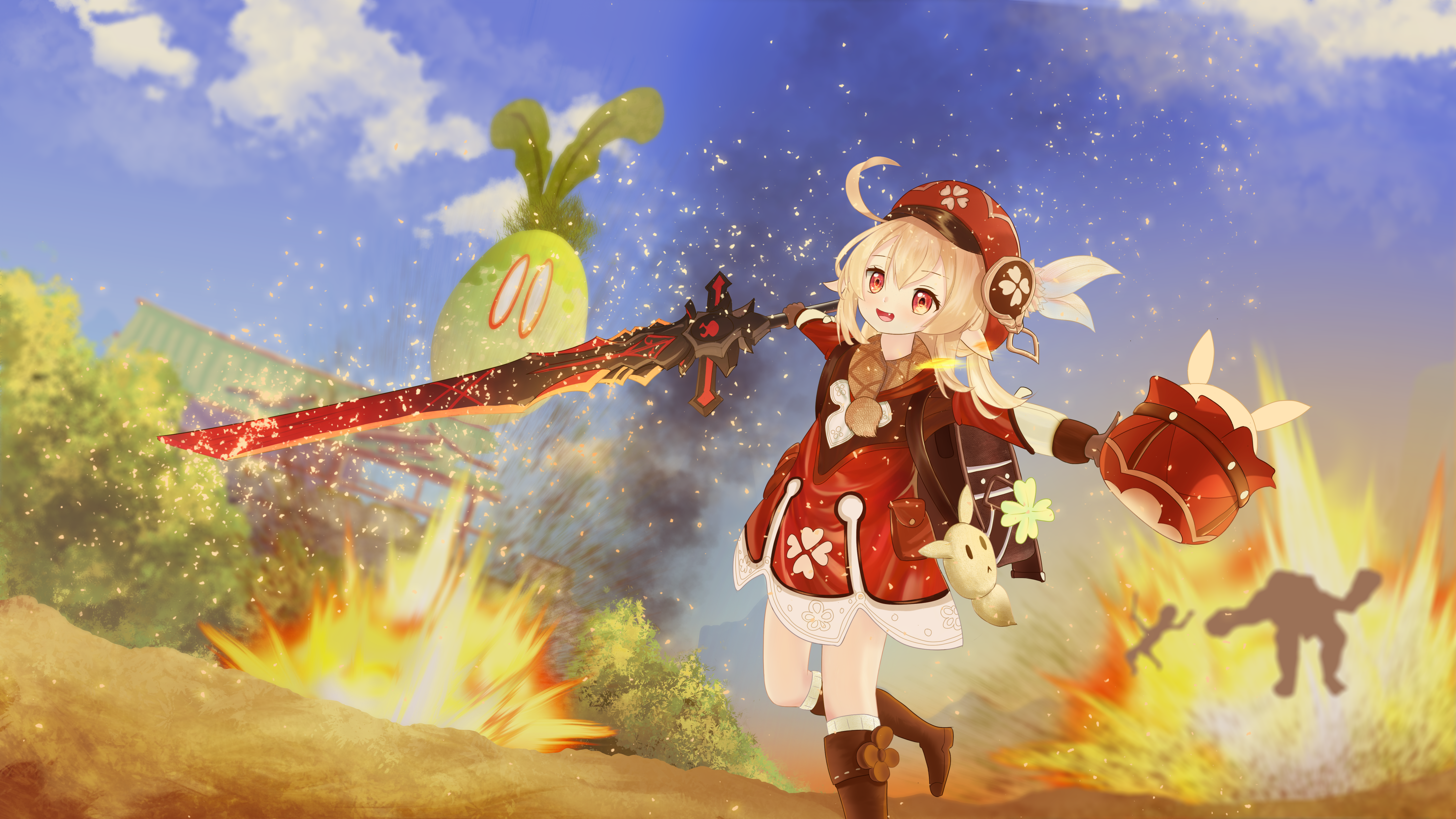 Klee from Genshin Impact with a large sword and a radish creature HD Wallpaper