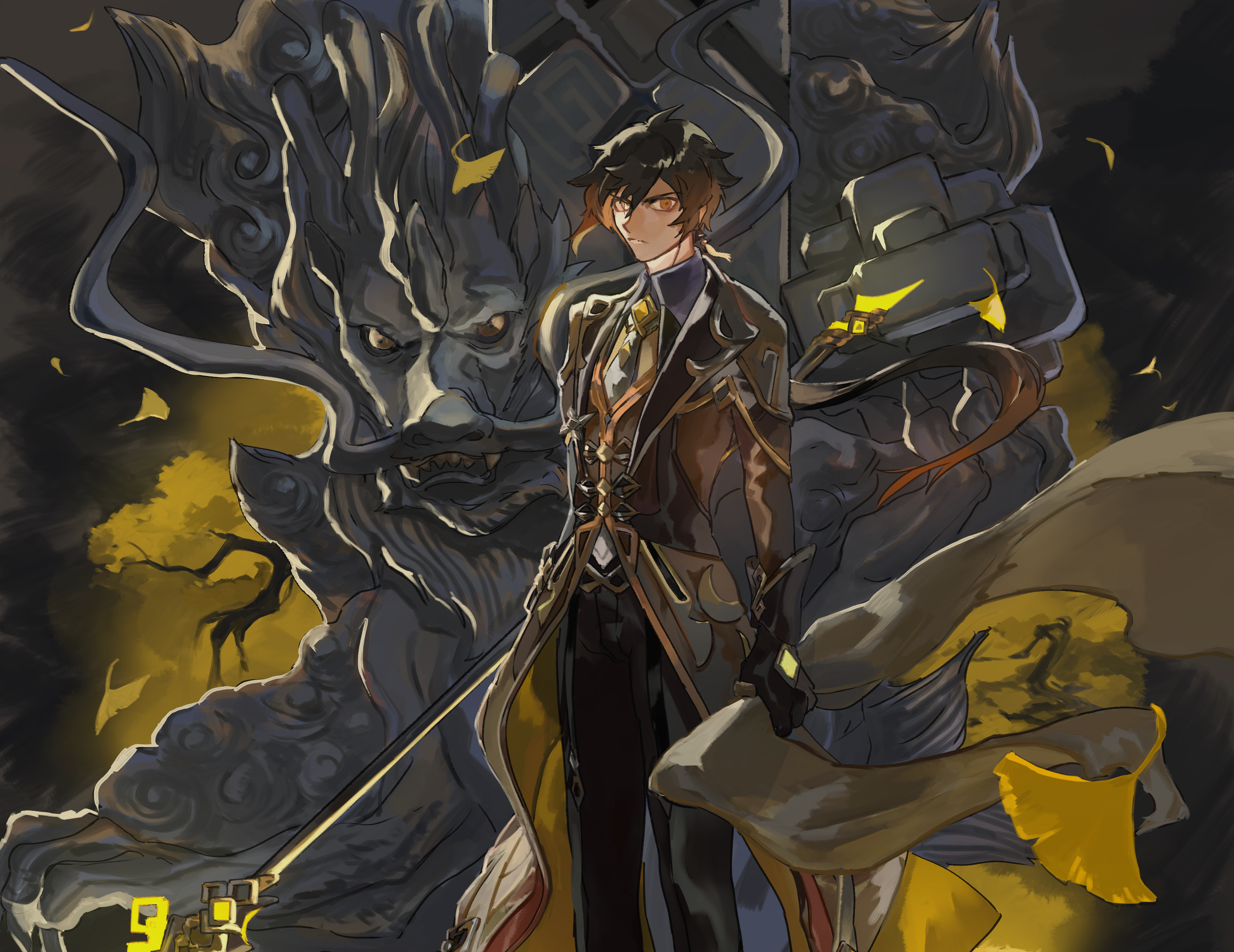 Zhongli from Genshin Impact with a stone dragon statue HD Wallpaper