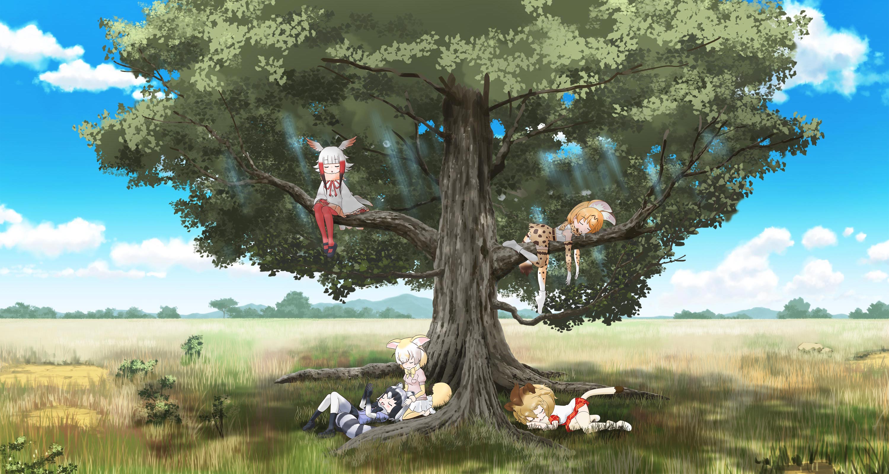 Kemono Friends characters resting under a tree HD Wallpaper