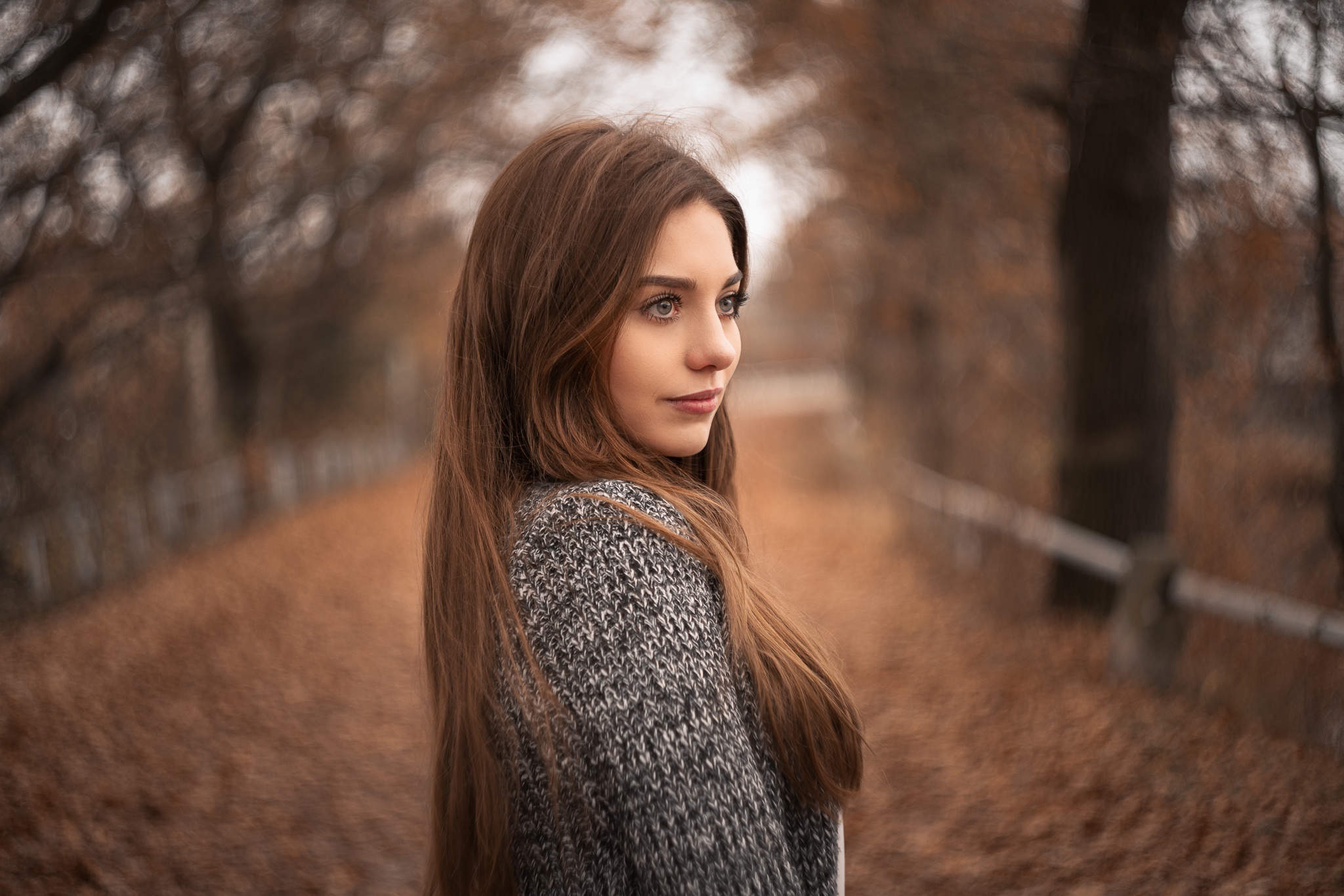 Portrait of Brunette Woman with Long Hair HD Wallpaper