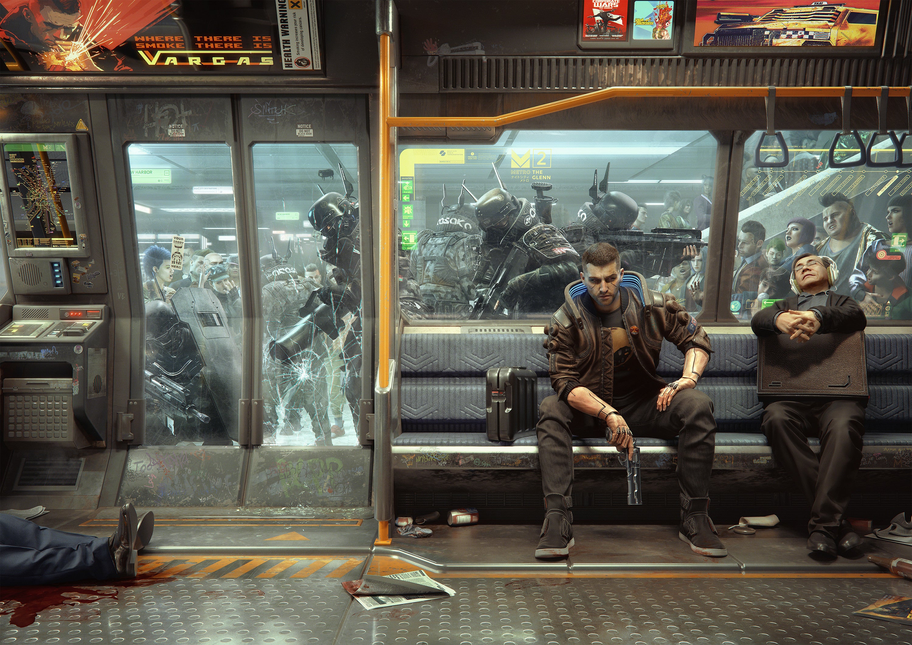 Cyberpunk 2077 train scene with armed figures HD Wallpaper