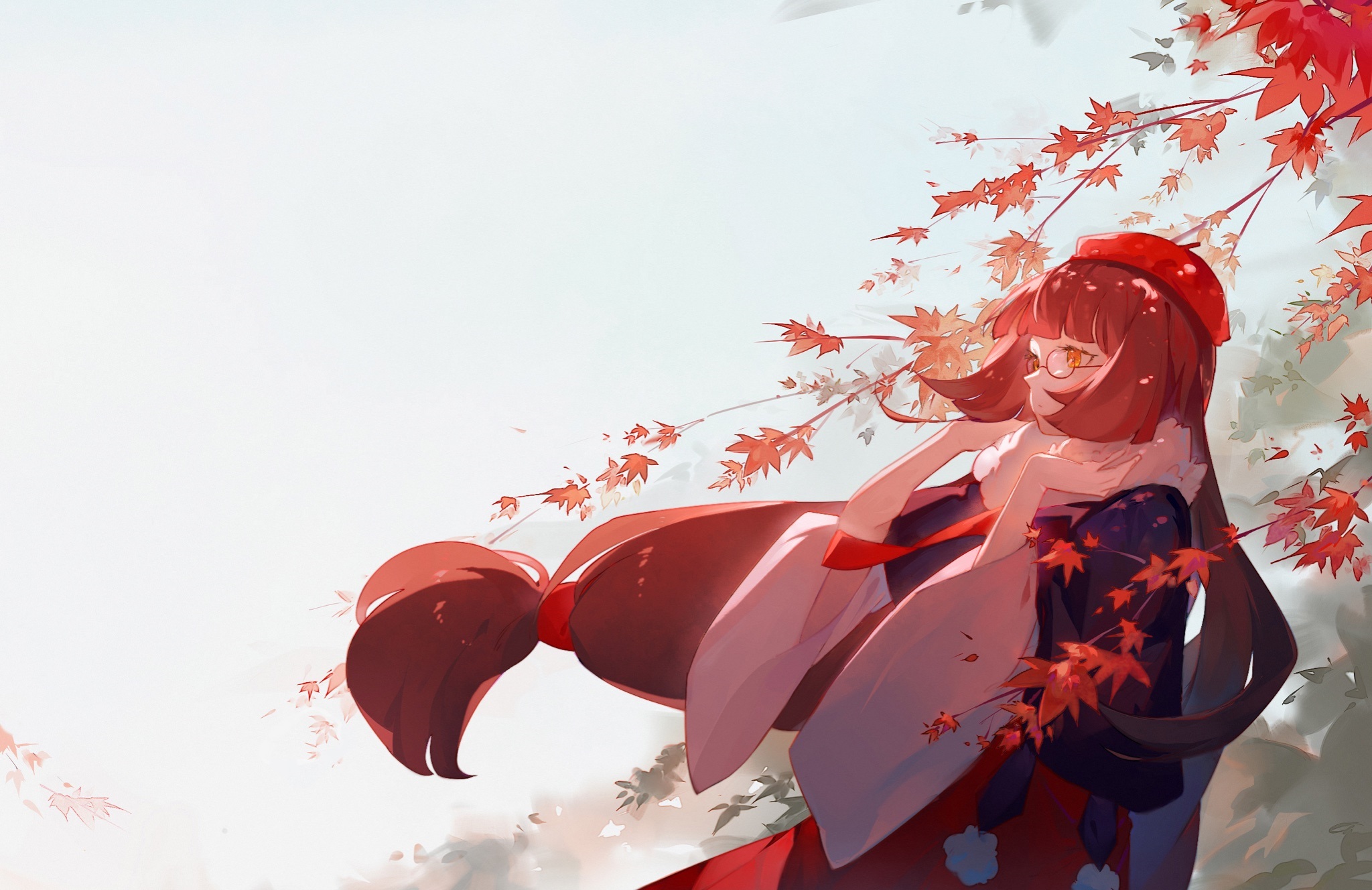 Anime girl with red hat and glasses under maple leaves HD Wallpaper
