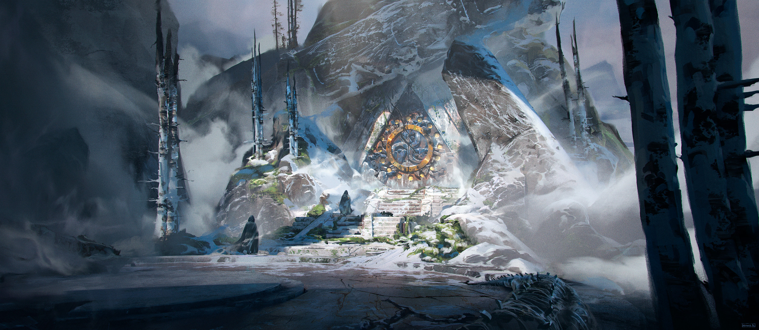 Fantasy Temple with Ancient Device in Snowy Mountains HD Wallpaper